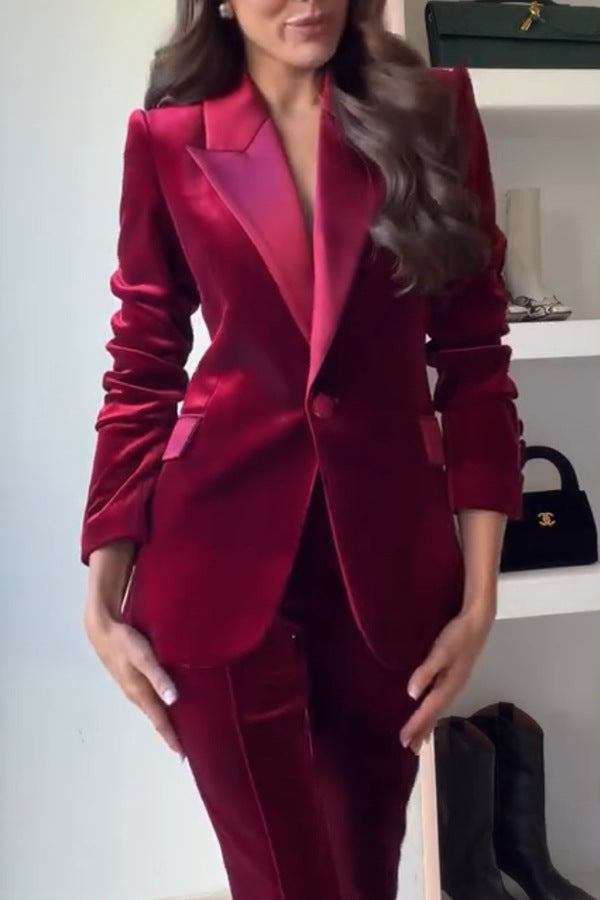 Tailleur Blazer en Velours à Revers et Pantalon Ample