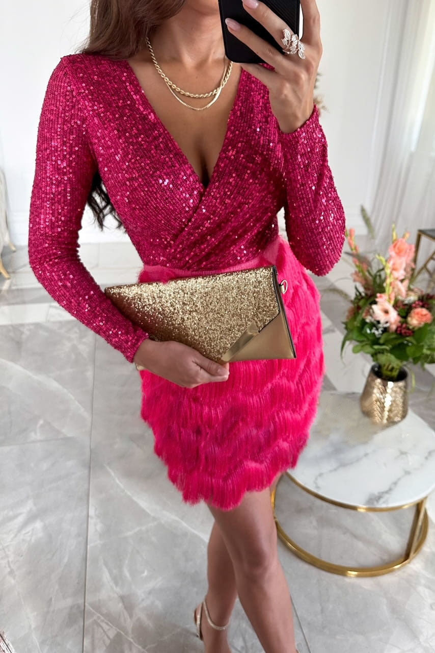 Robe Courte de Soirée Col en V, Sequins et Pompons