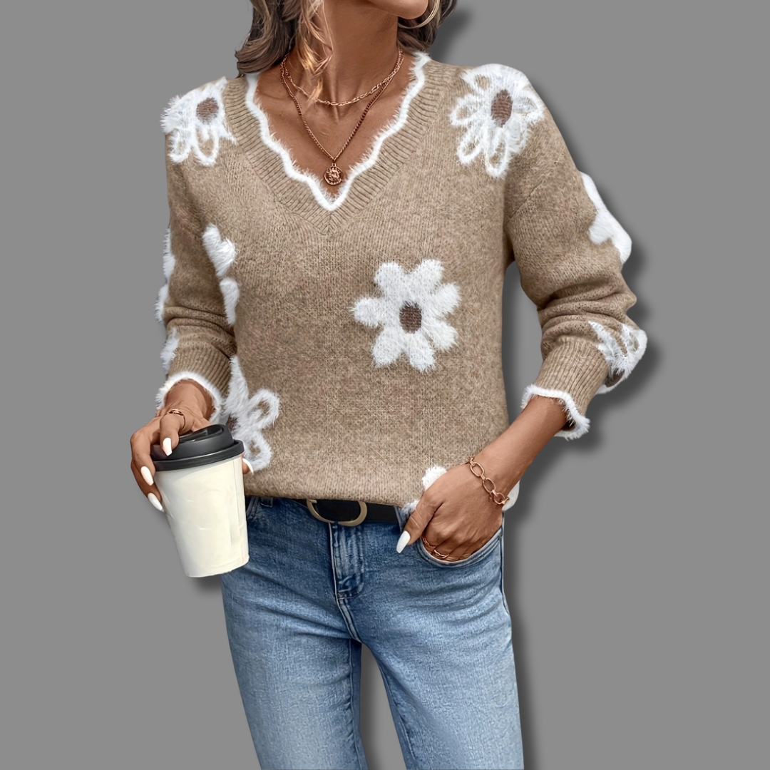 THÉA — Pull Floral à Col en V
