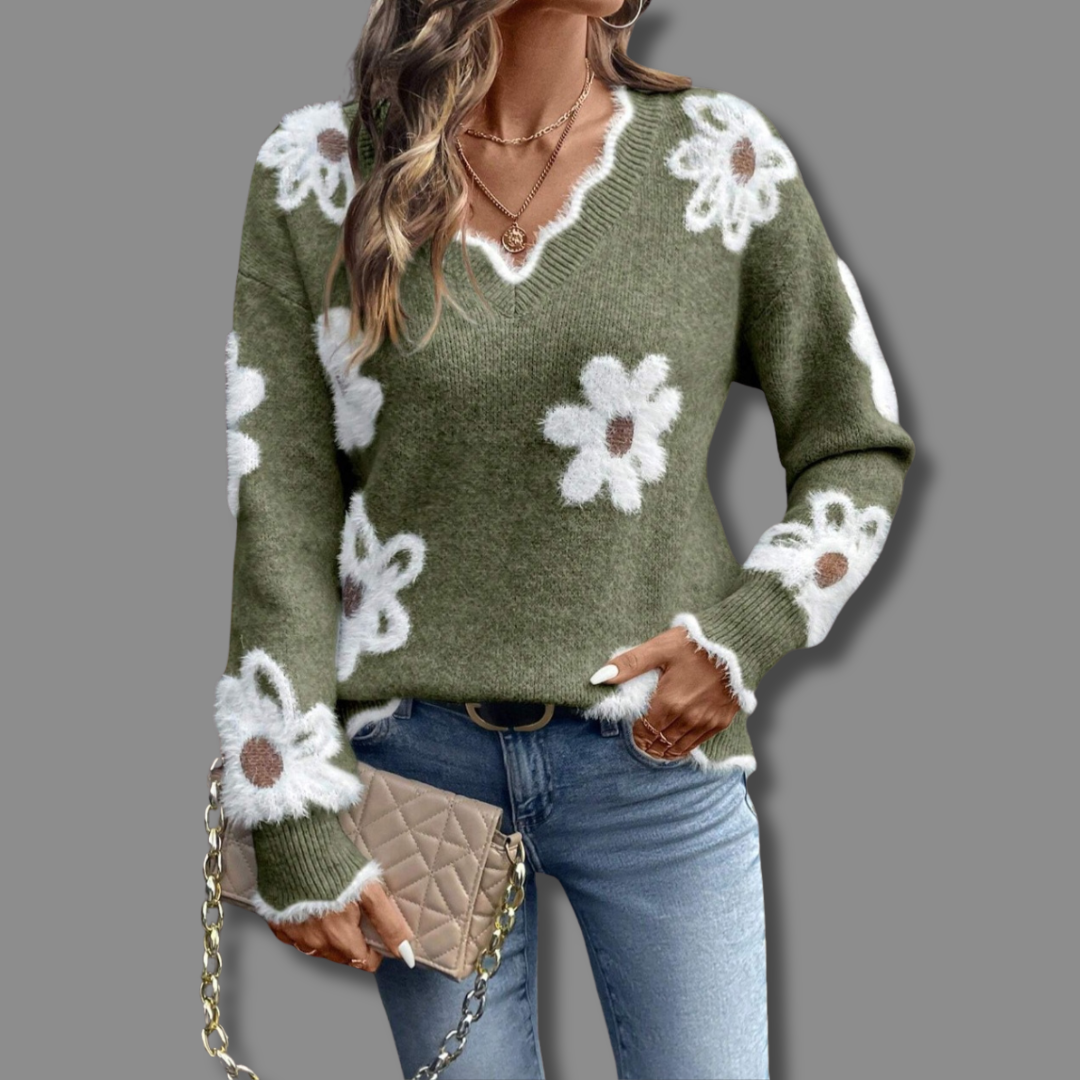 THÉA — Pull Floral à Col en V