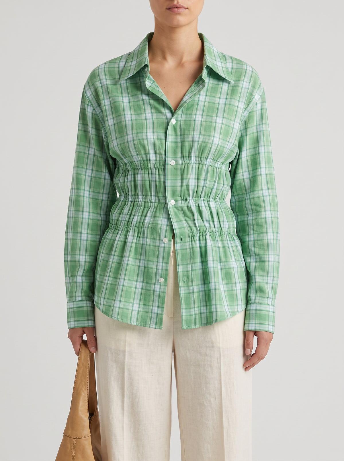 Suzette Ruched Long Sleeve Shirt — Green Check