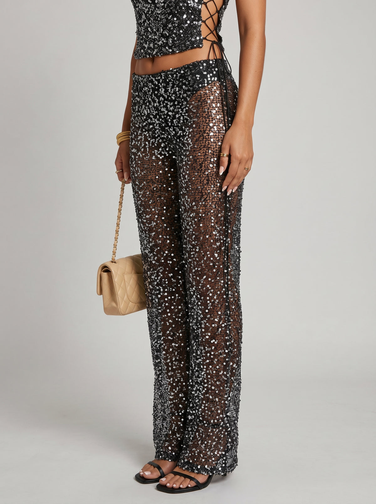 Bianca Sequin Straight-Leg Pants — Black