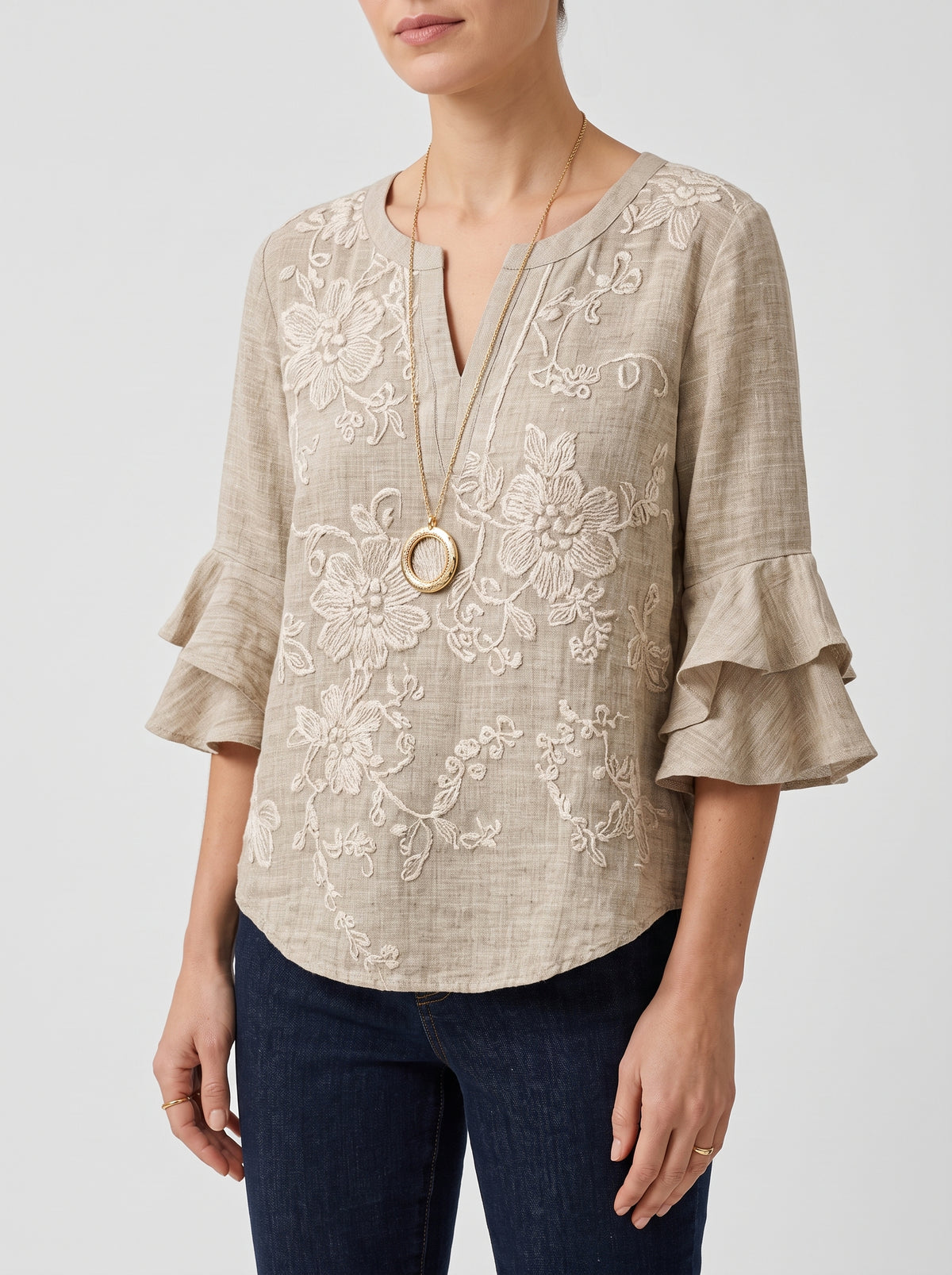 CLAIRE — Floral Embroidered Blouse - Beige