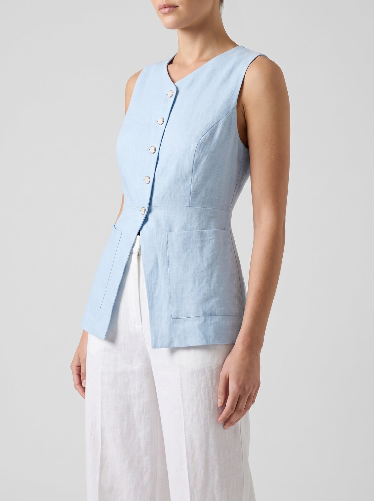 Mabel Cotton And Linen Sleeveless Waistcoat - Light Blue