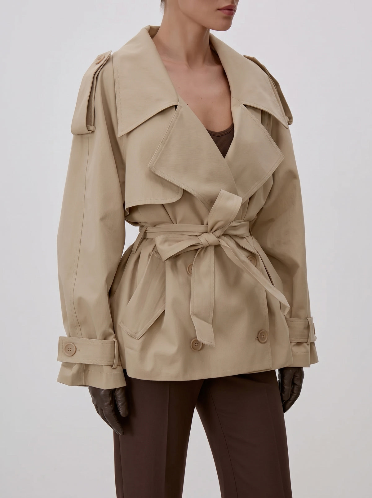 Sonia Mandarin Collar Drawstring Trench Coat - Beige