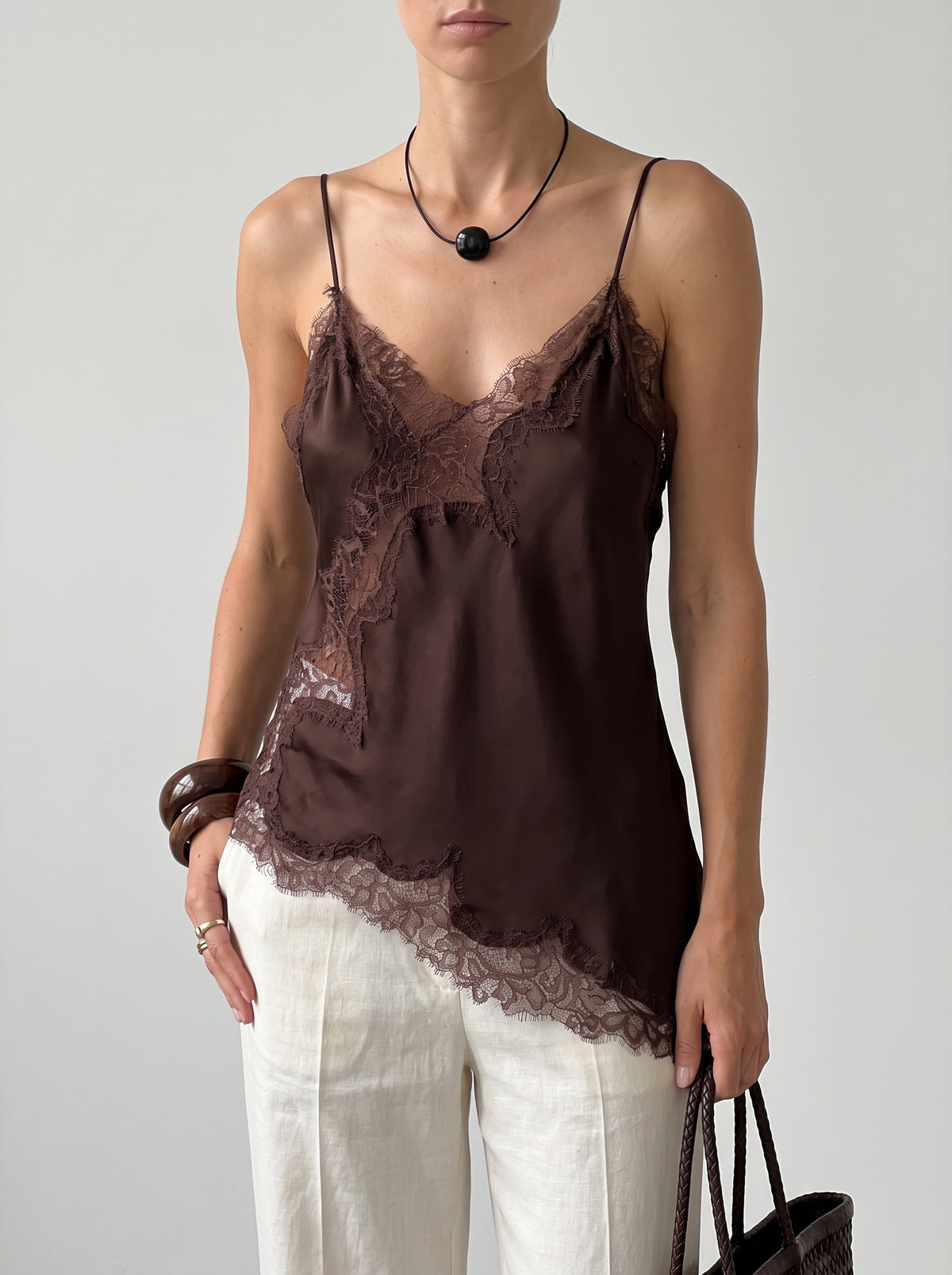 Kara Asymmetric Satin Camisole - Brown