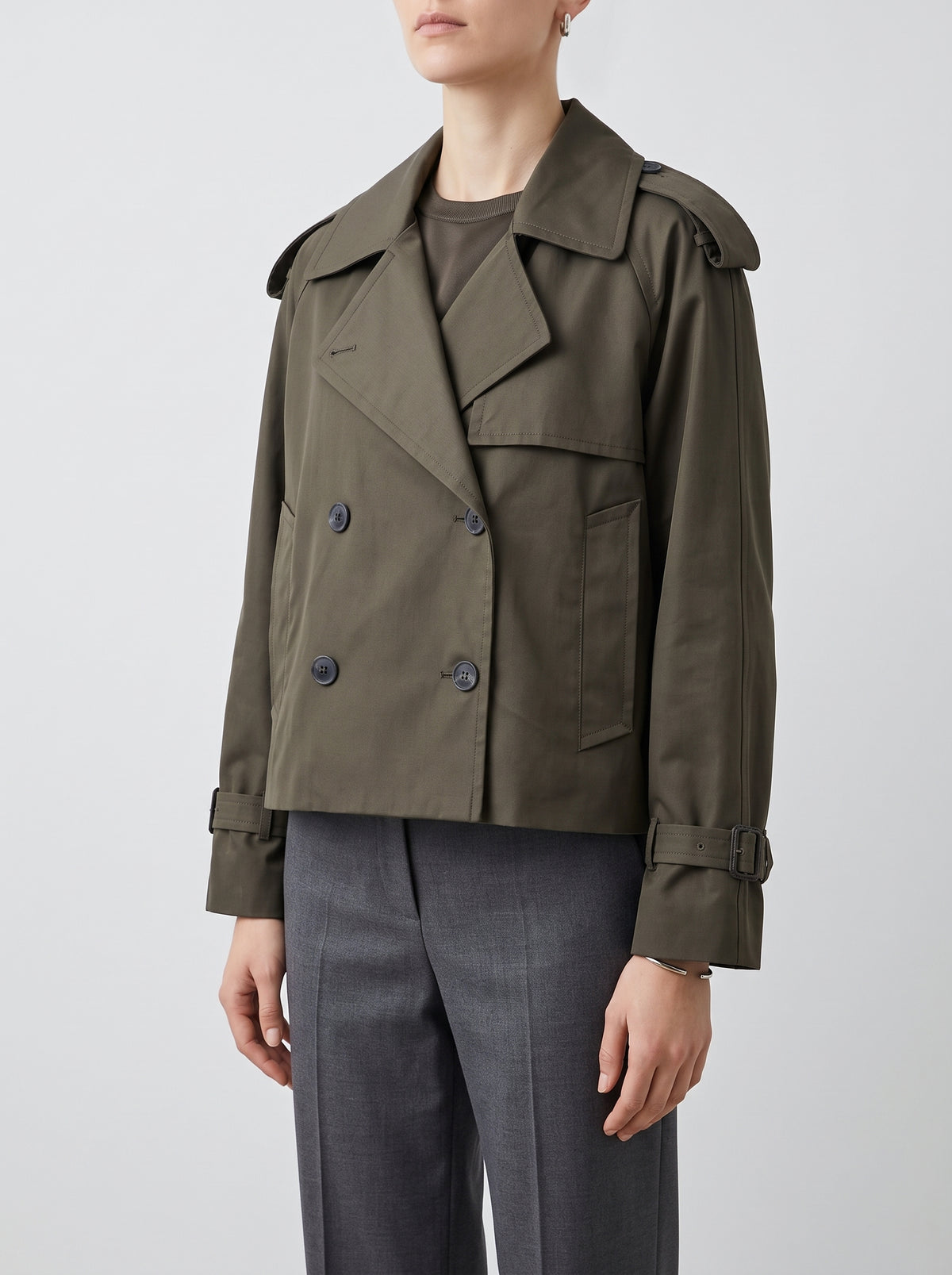 Dhelia Cropped Double-Breasted Trench Coat — Military Green