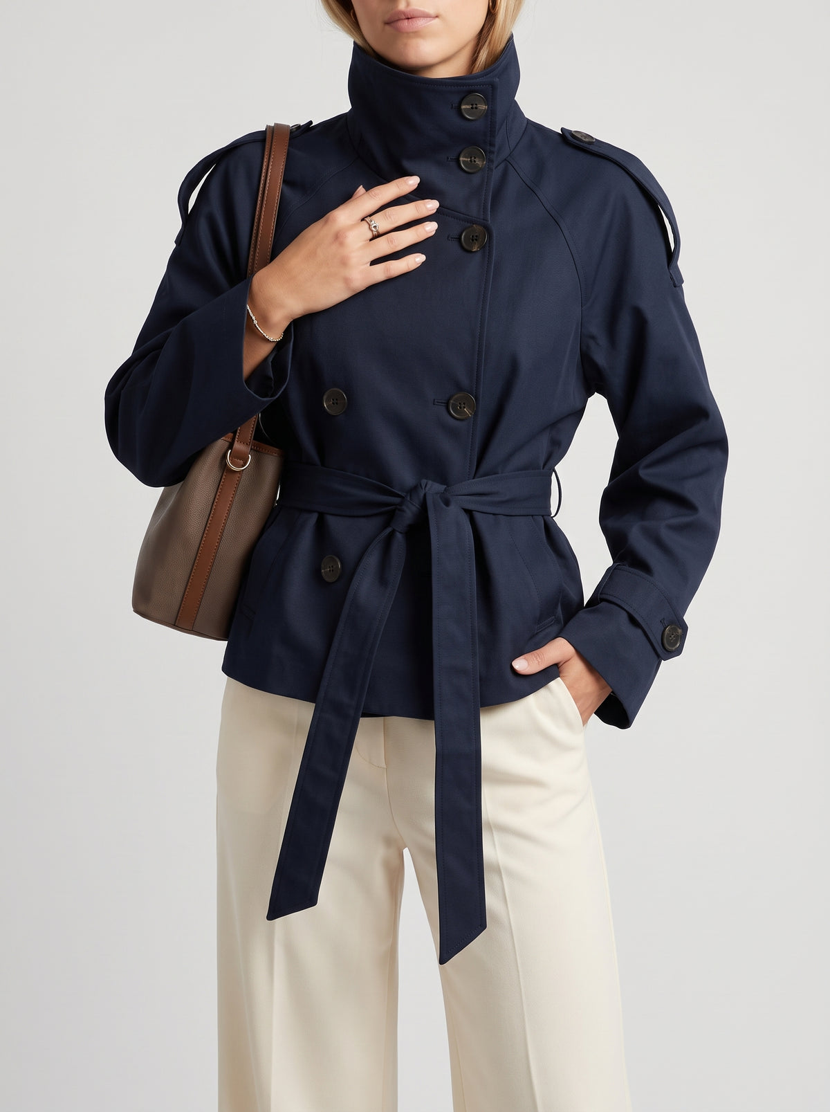 Thea Belted Cropped Trench Coat - Black