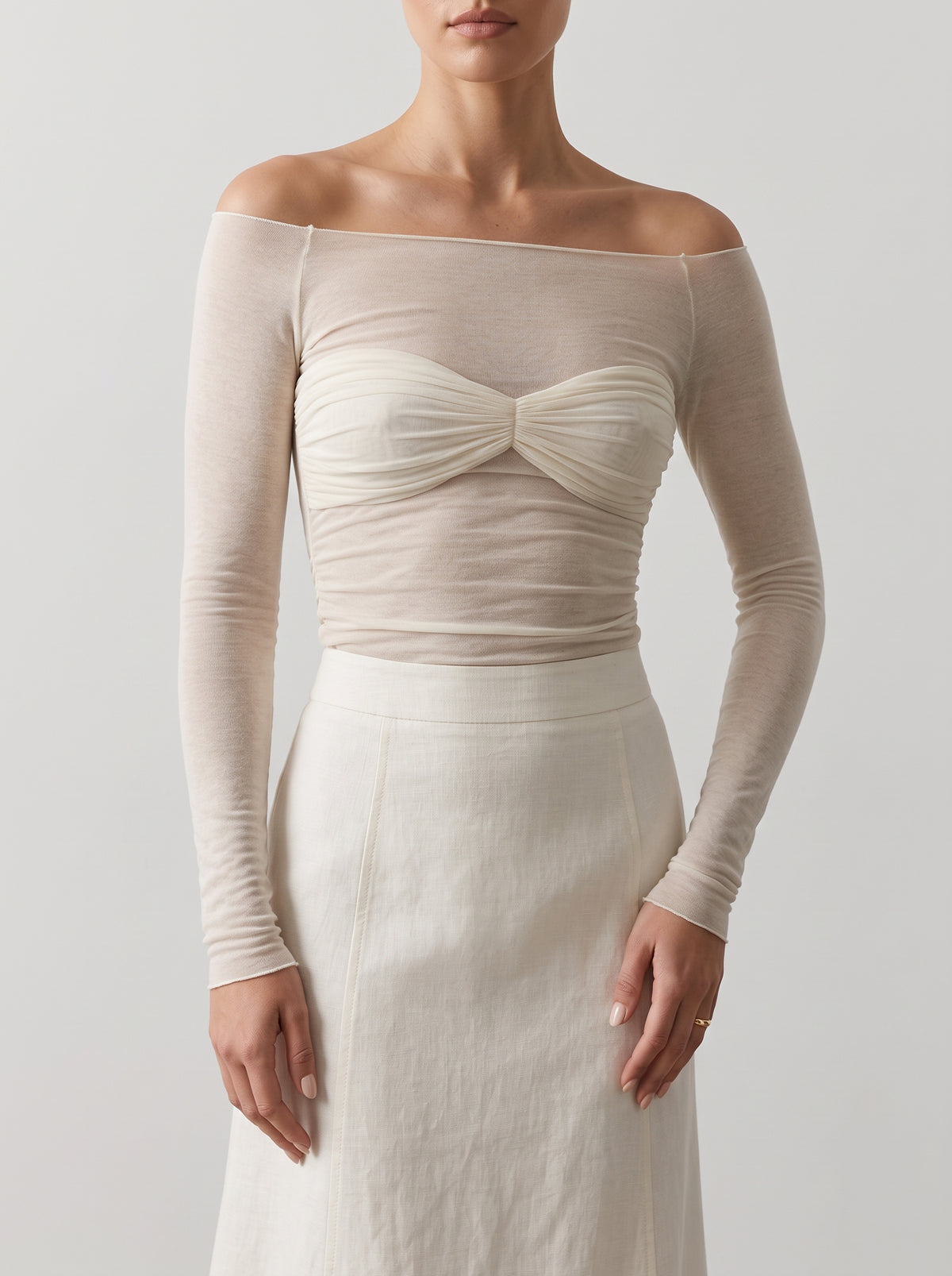 Sara Sheer Mesh Off-the-Shoulder Top - White