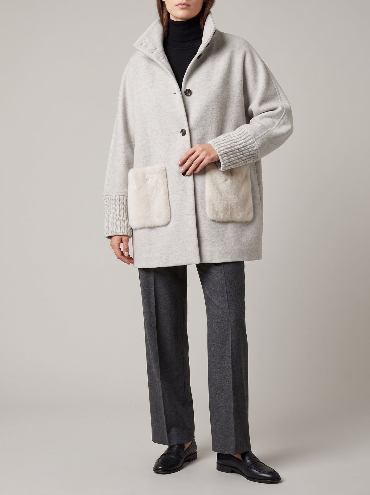 Terry Knit and Faux Fur Coat — Beige