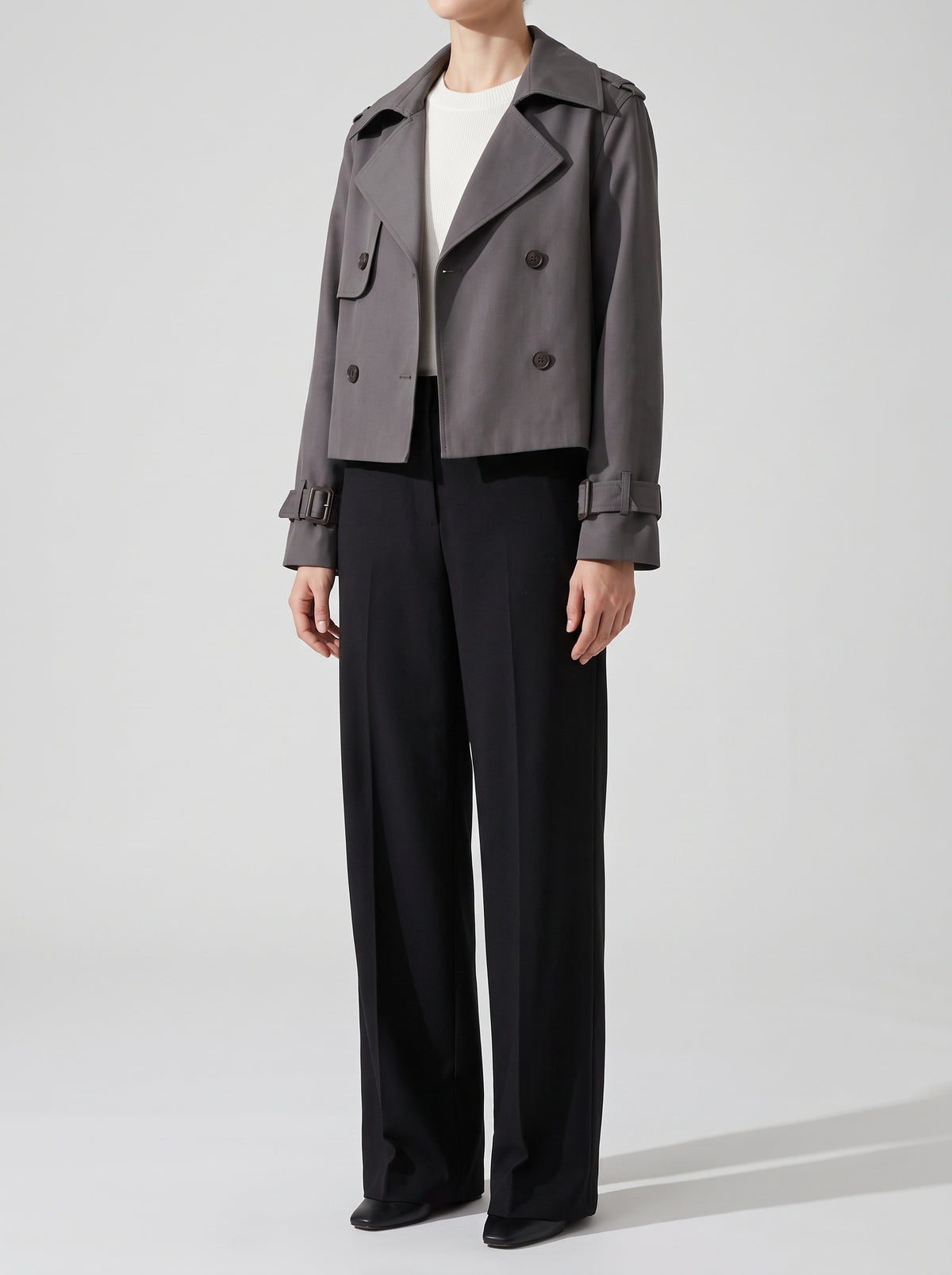 Bellatrix Horn-Button Cropped Trench Coat — Dark Gray