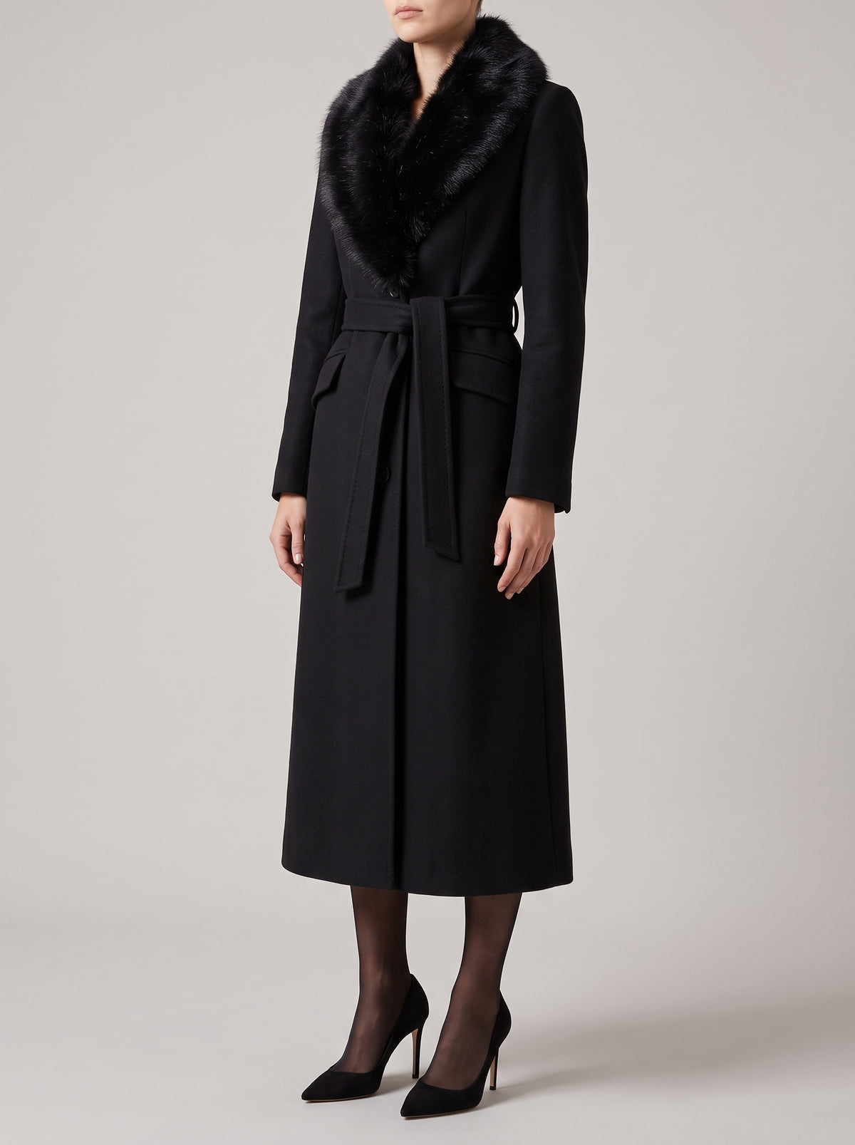 Flora Long Coat with Faux Fur Collar — Black
