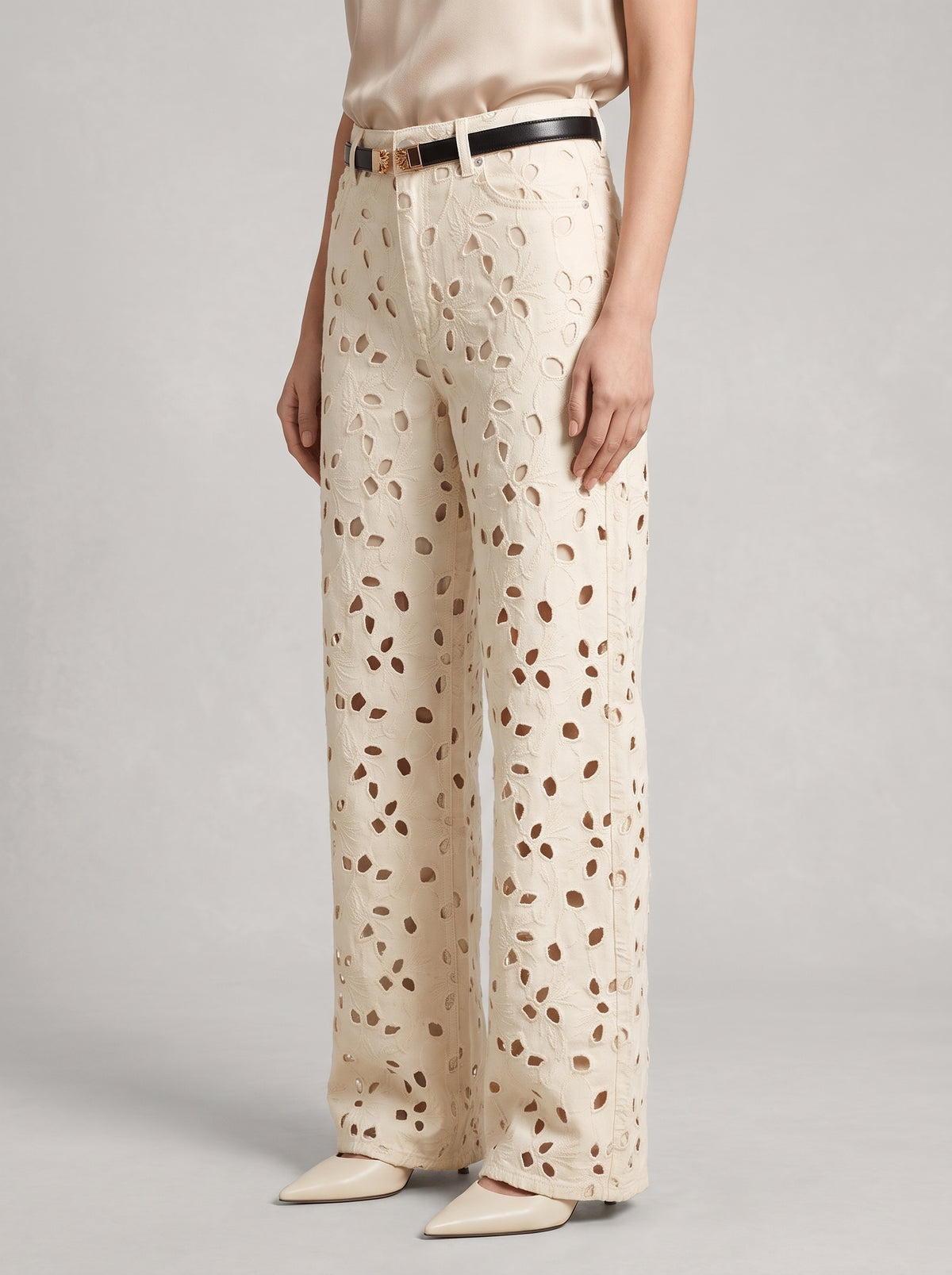 Rachel High-Waisted Cut-Out Straight-Leg Jeans — Beige