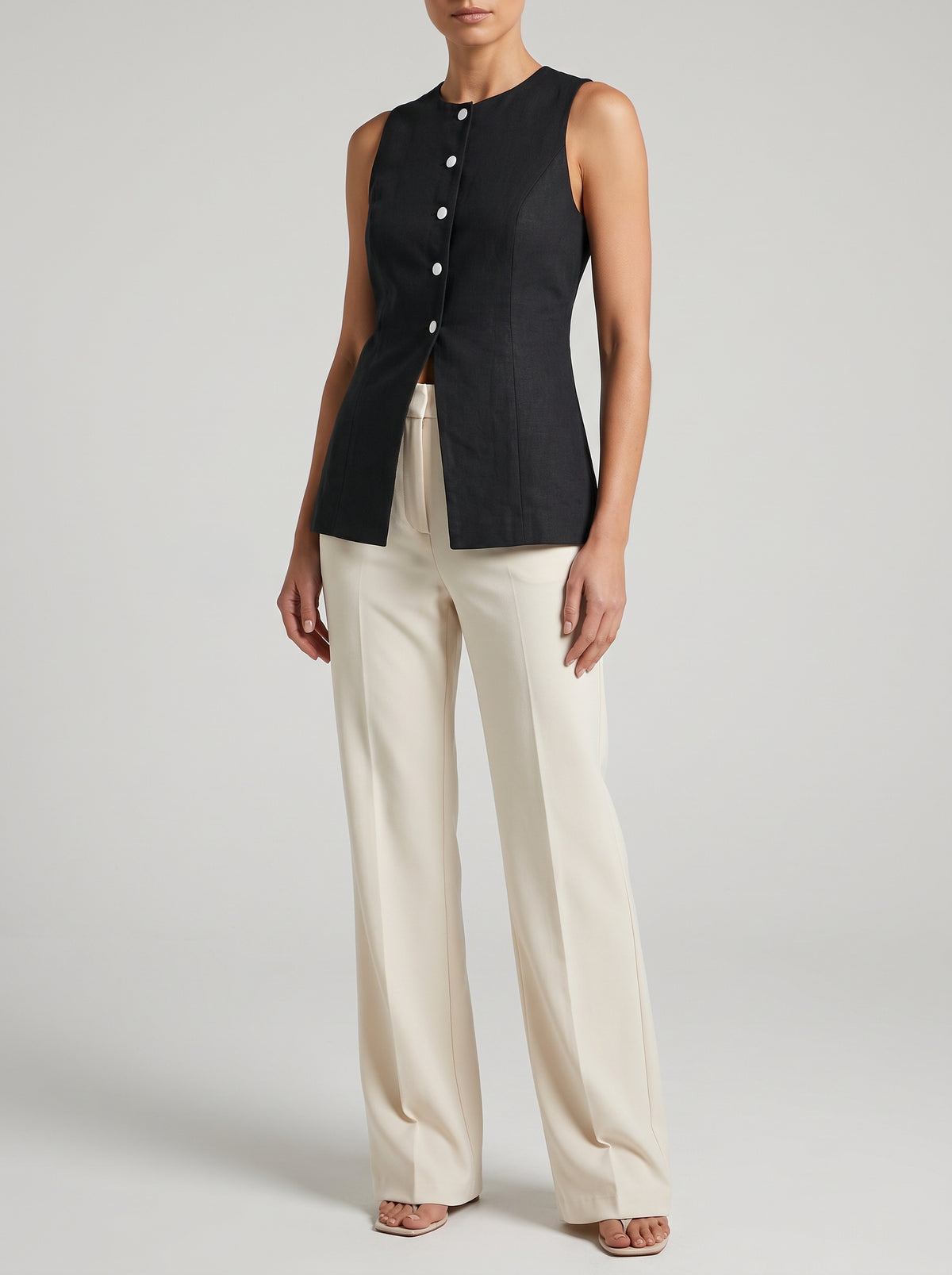 Mabel Cotton and Linen Sleeveless Vest — Black