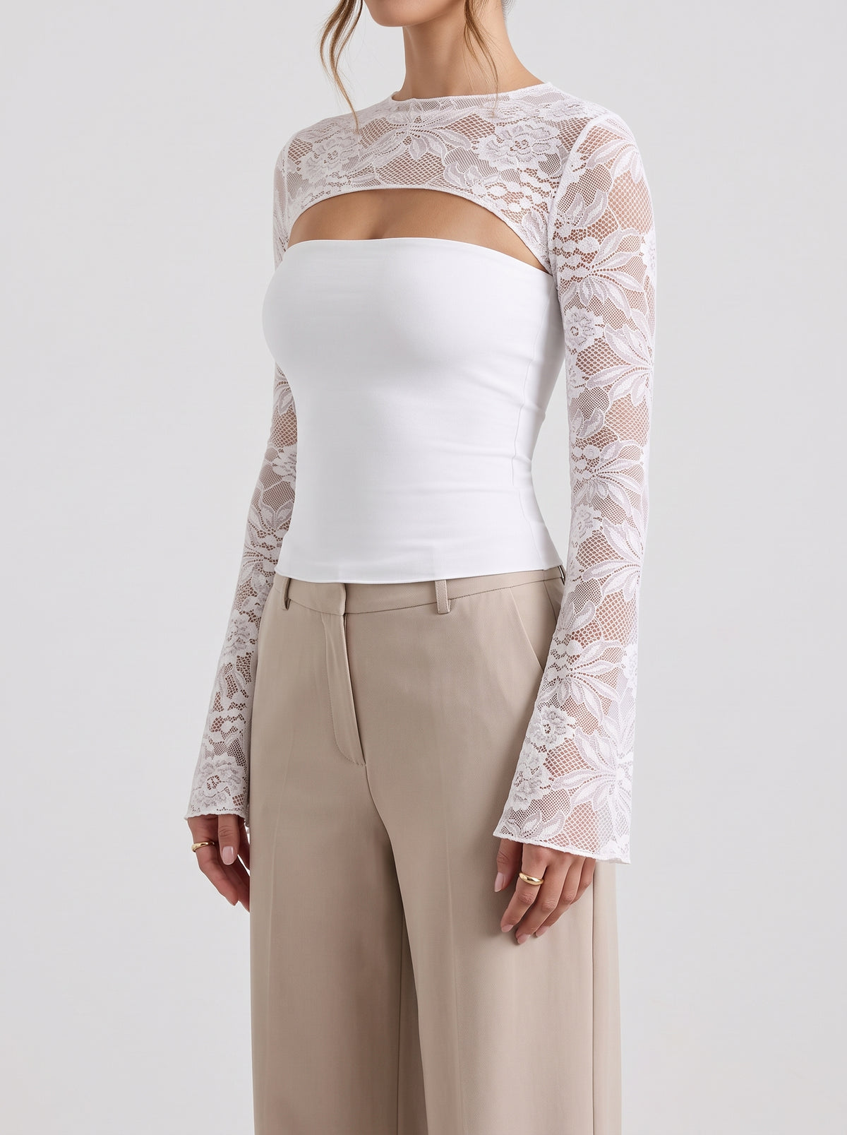 Amy Long Sleeve Lace Patchwork Top - White