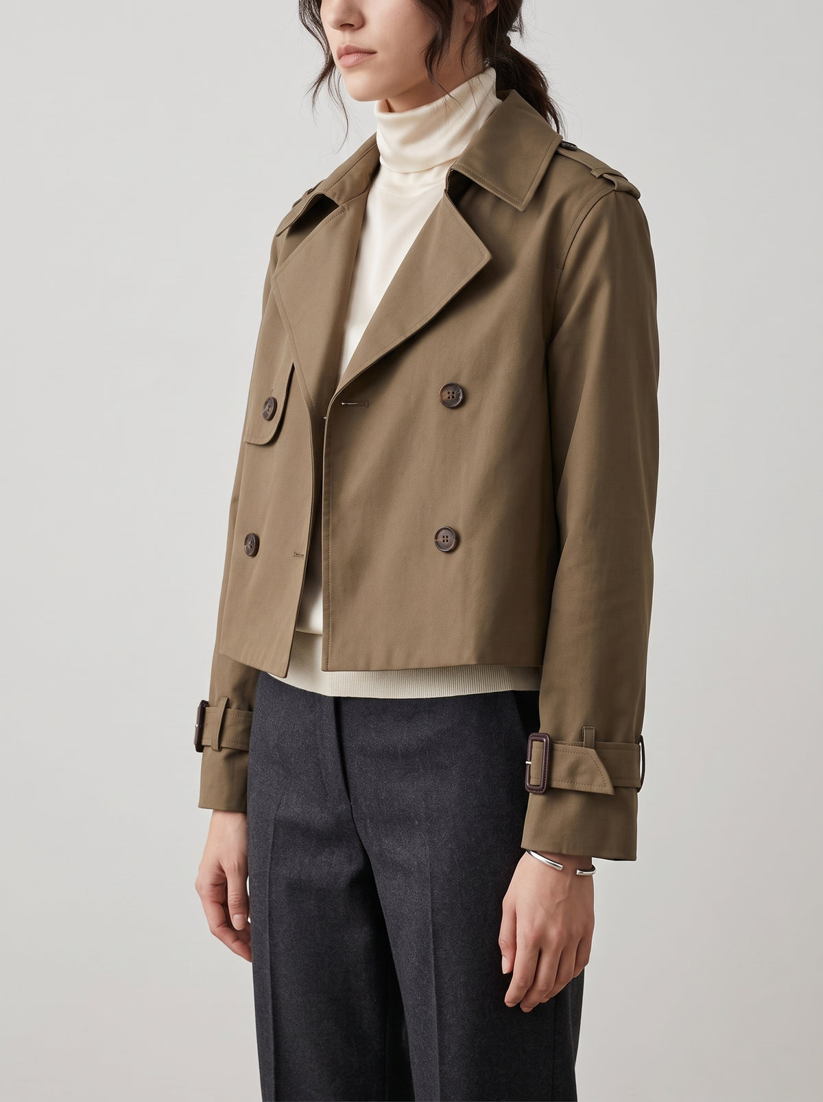 Bellatrix Horn-Button Cropped Trench Coat — Brown