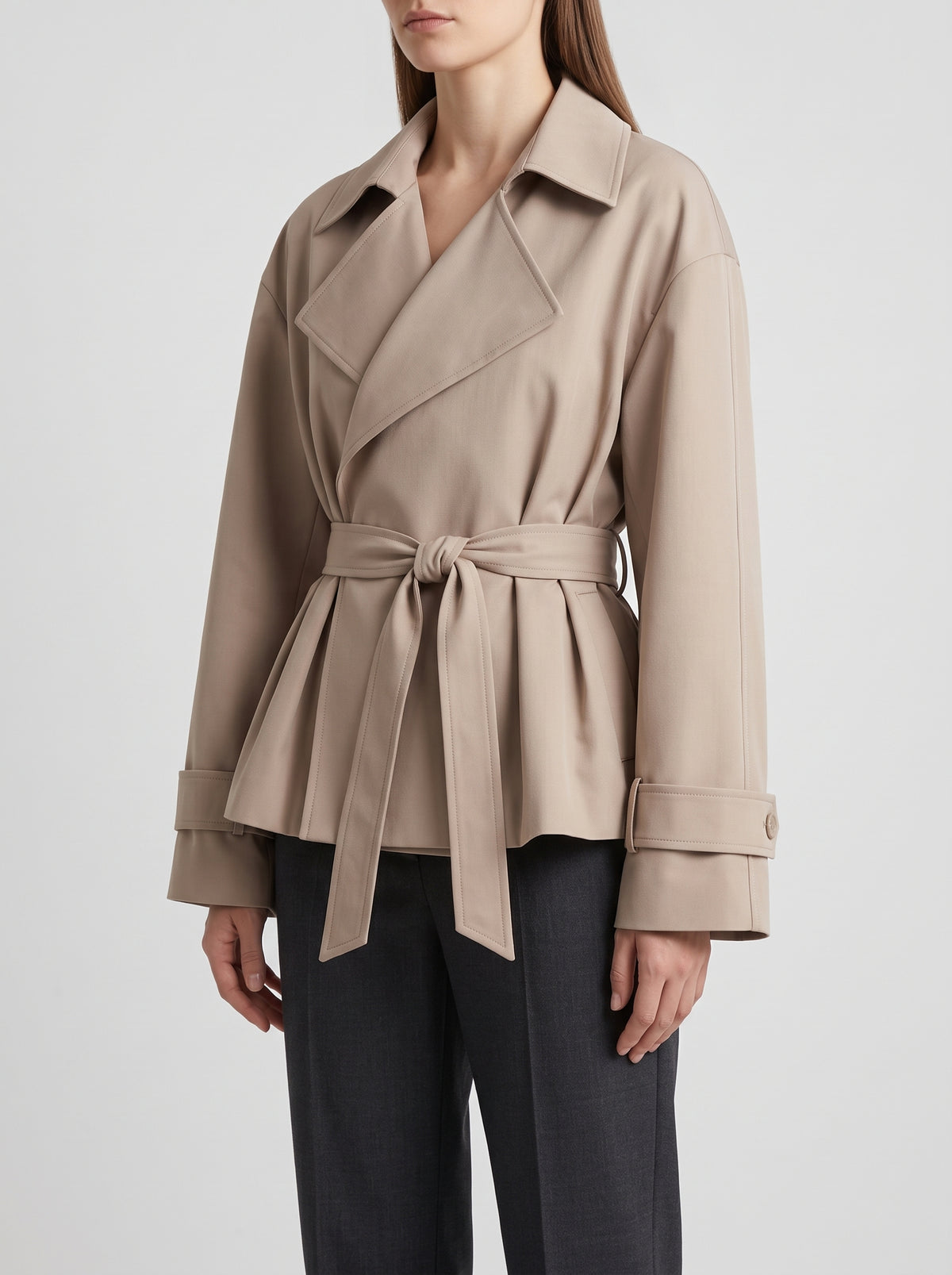 Sandy Cropped Drawstring Trench Coat - Beige