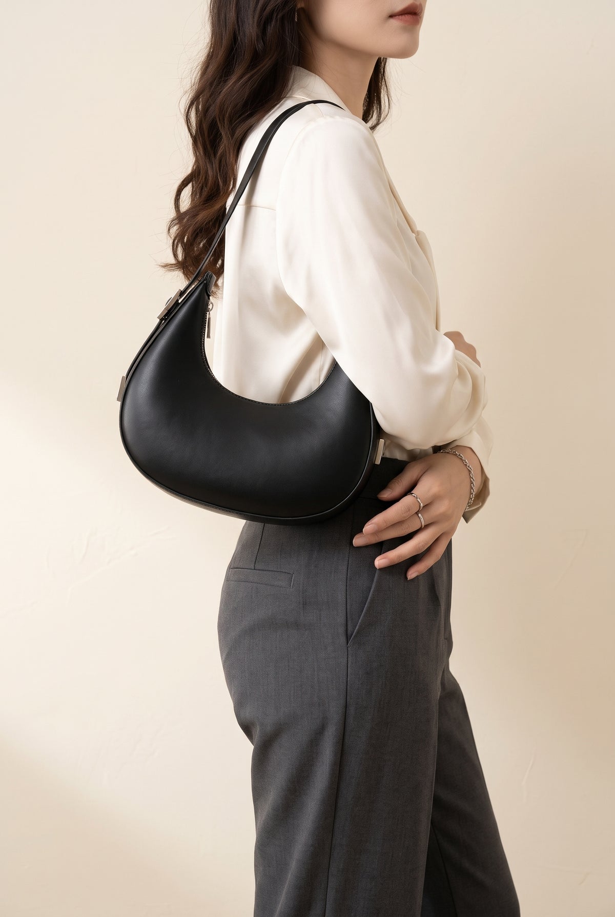 Tyla Faux Leather Hobo Bag — On-Model View