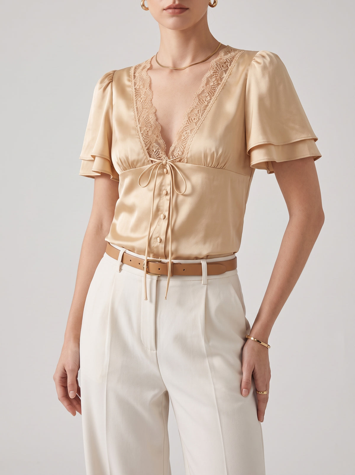 Aderinsola Satin Lace-Up Blouse — Champagne