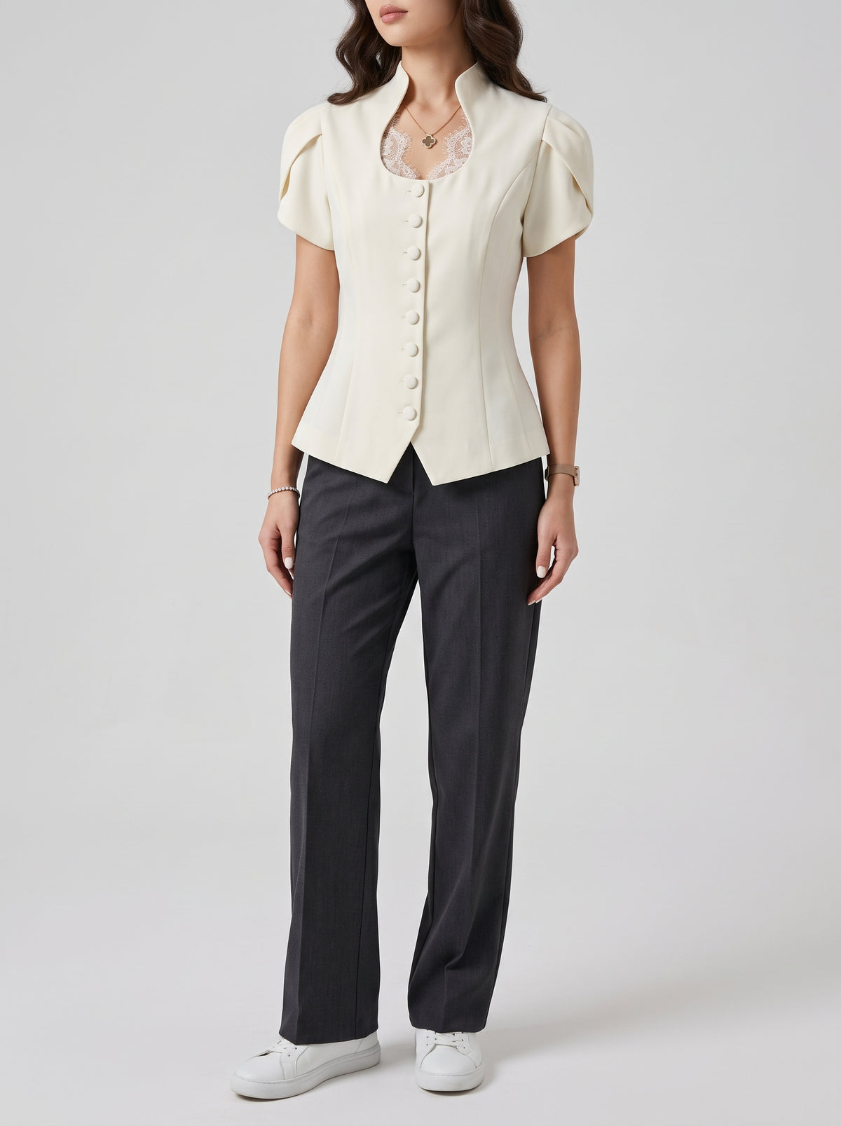 Gloria Mandarin Collar Button-Front Top - White