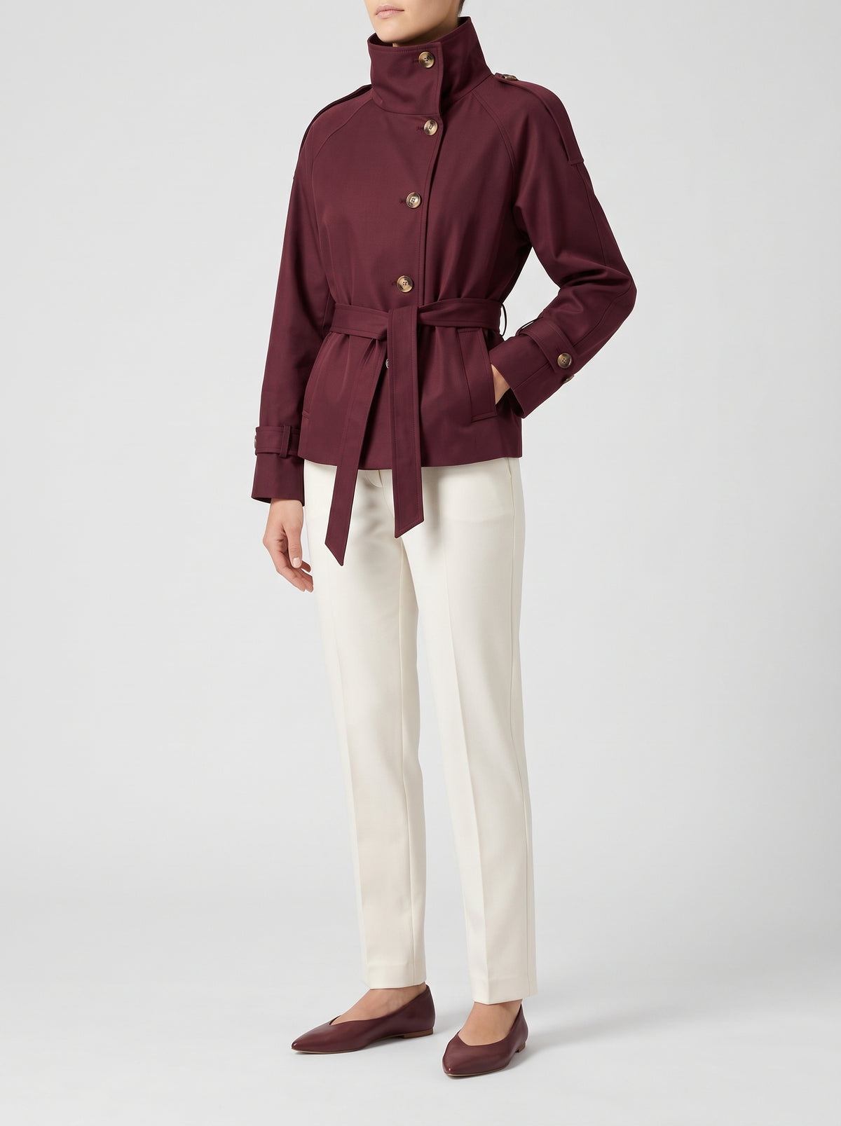 Kara High Neck Short Trench Coat - Burgundy