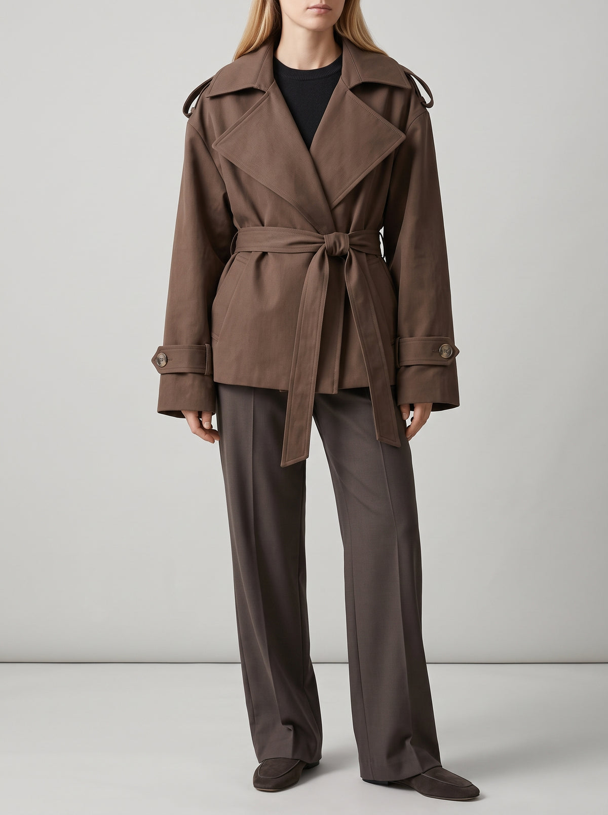 Molly Belted Cropped Trench Coat - Coffee