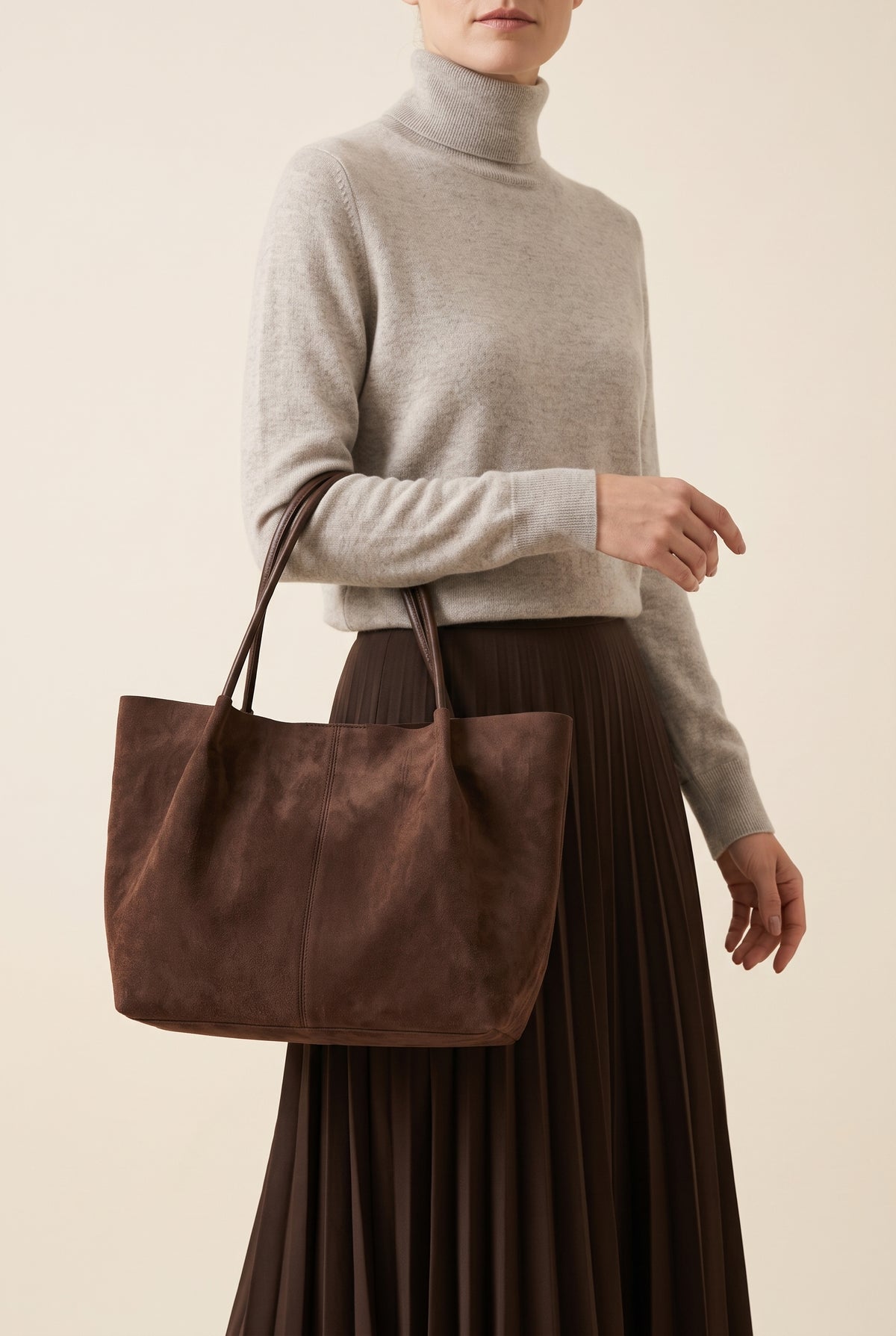 Cheska Faux Suede Tote with Pouch — On-Model View