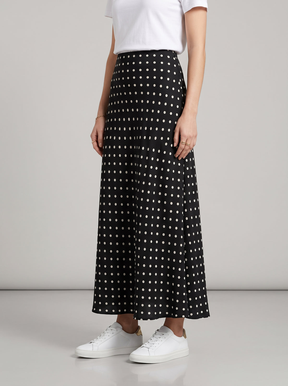 Beatrice Polka Dot Satin Maxi Skirt — Black