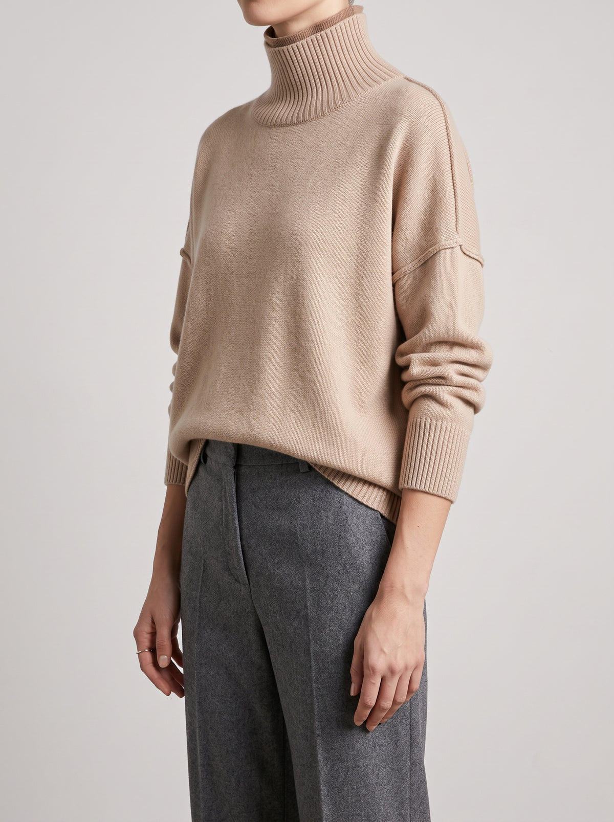 Katie High-Neck Knitted Jumper - Beige