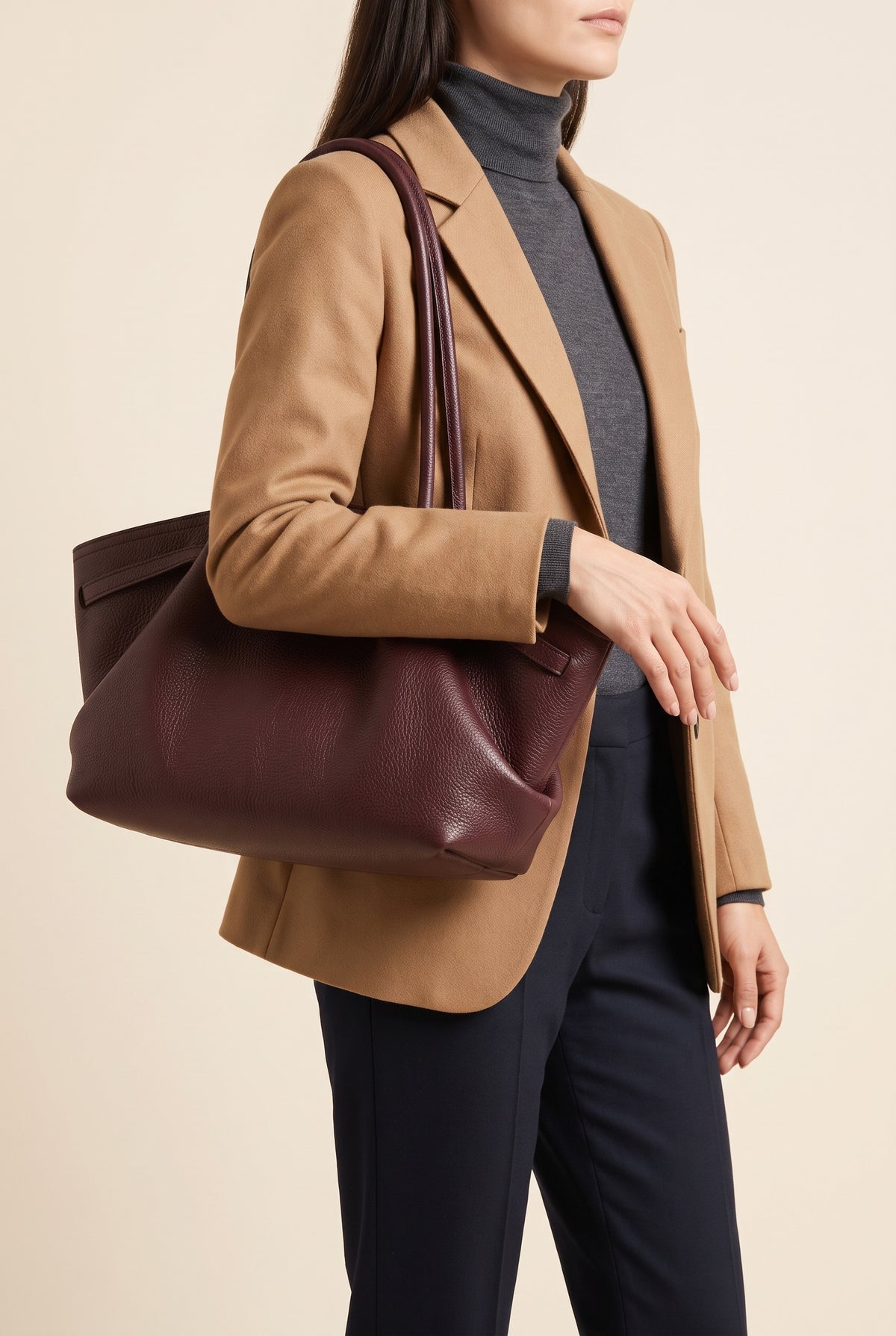Sandy Smooth Faux Leather Shoulder Tote — On-Model View