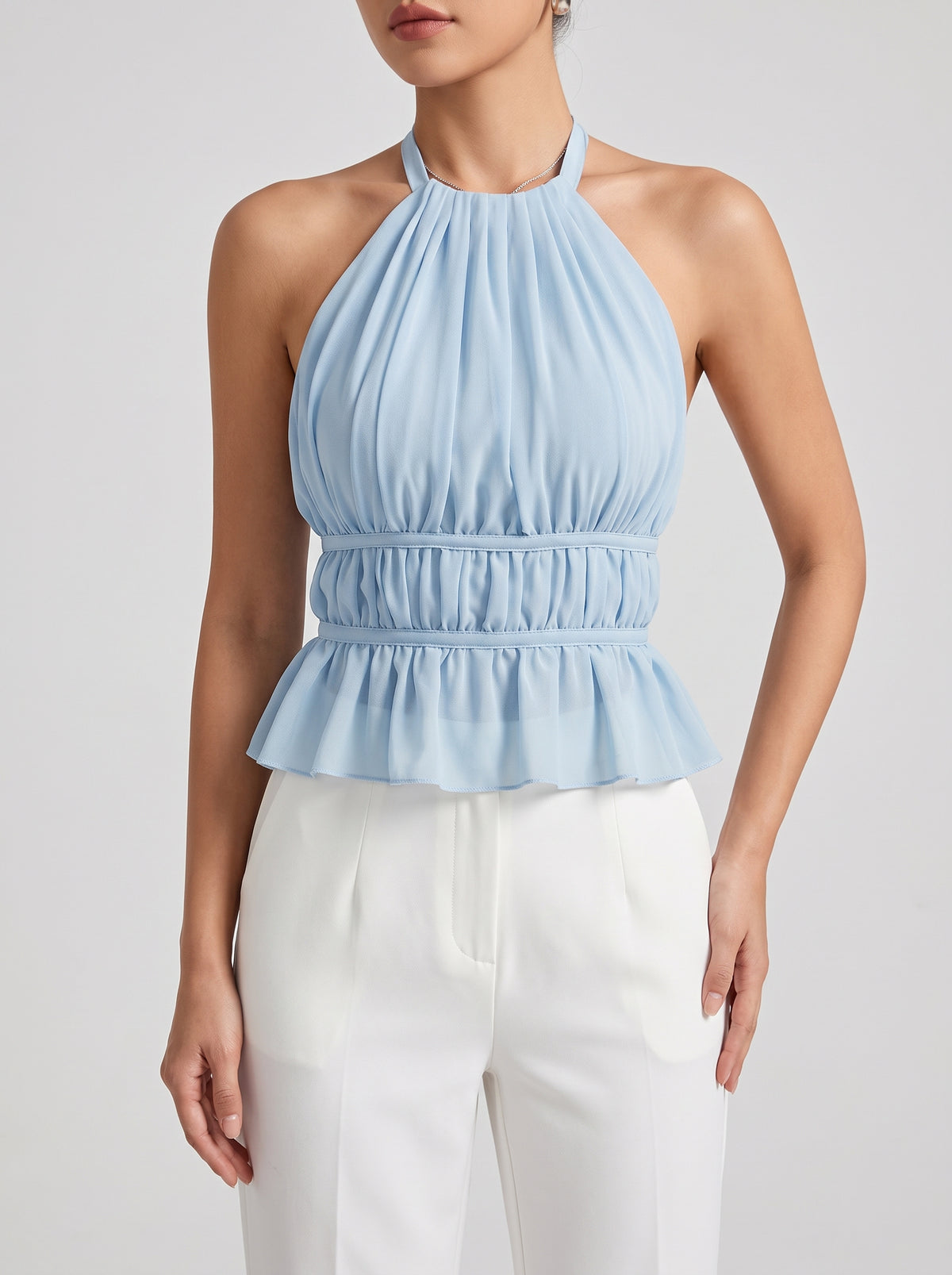 Inès Ruched Halter Top — Light Blue