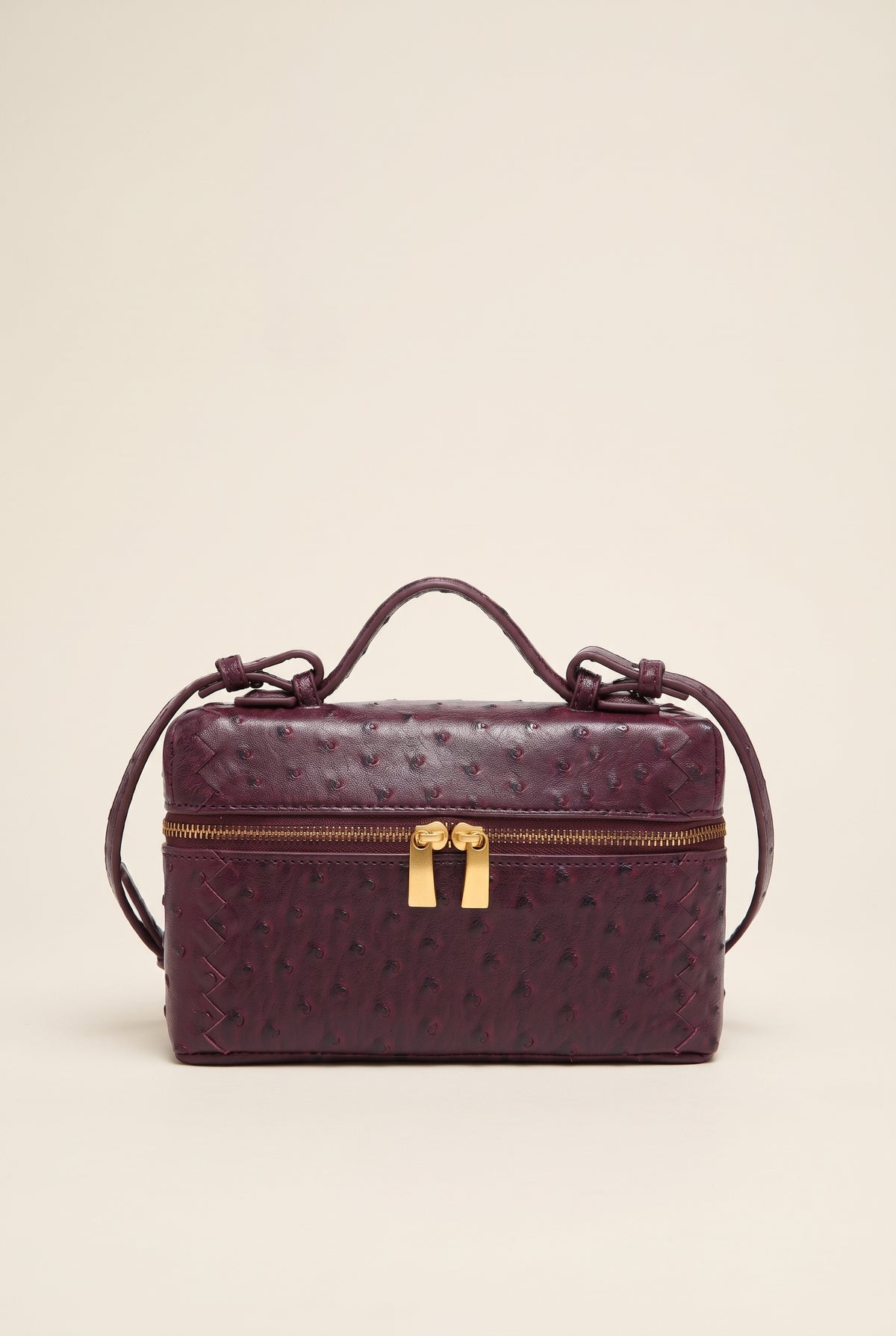 Delphine Ostrich-Effect Box Bag — Burgundy