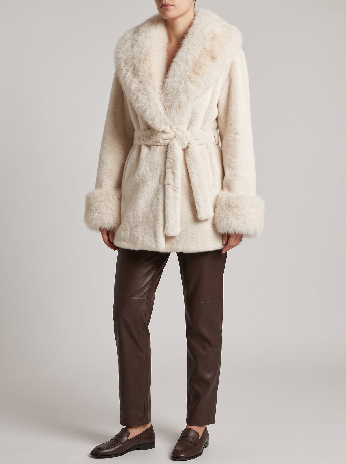 Jessa Mid-Length Coat with Faux Fur Trim — White
