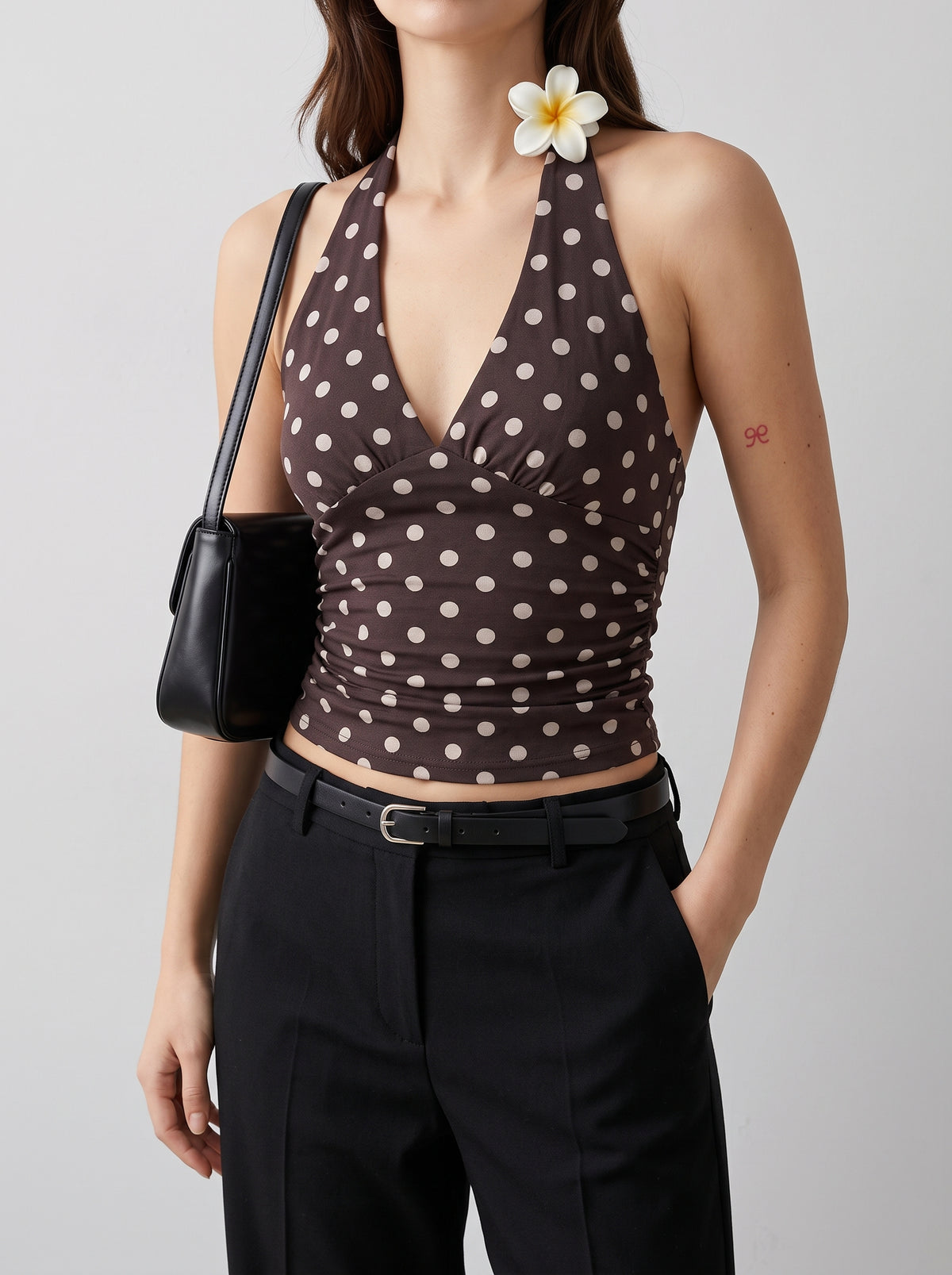 Tamsin Polka Dot Off-the-Shoulder Top — Brown