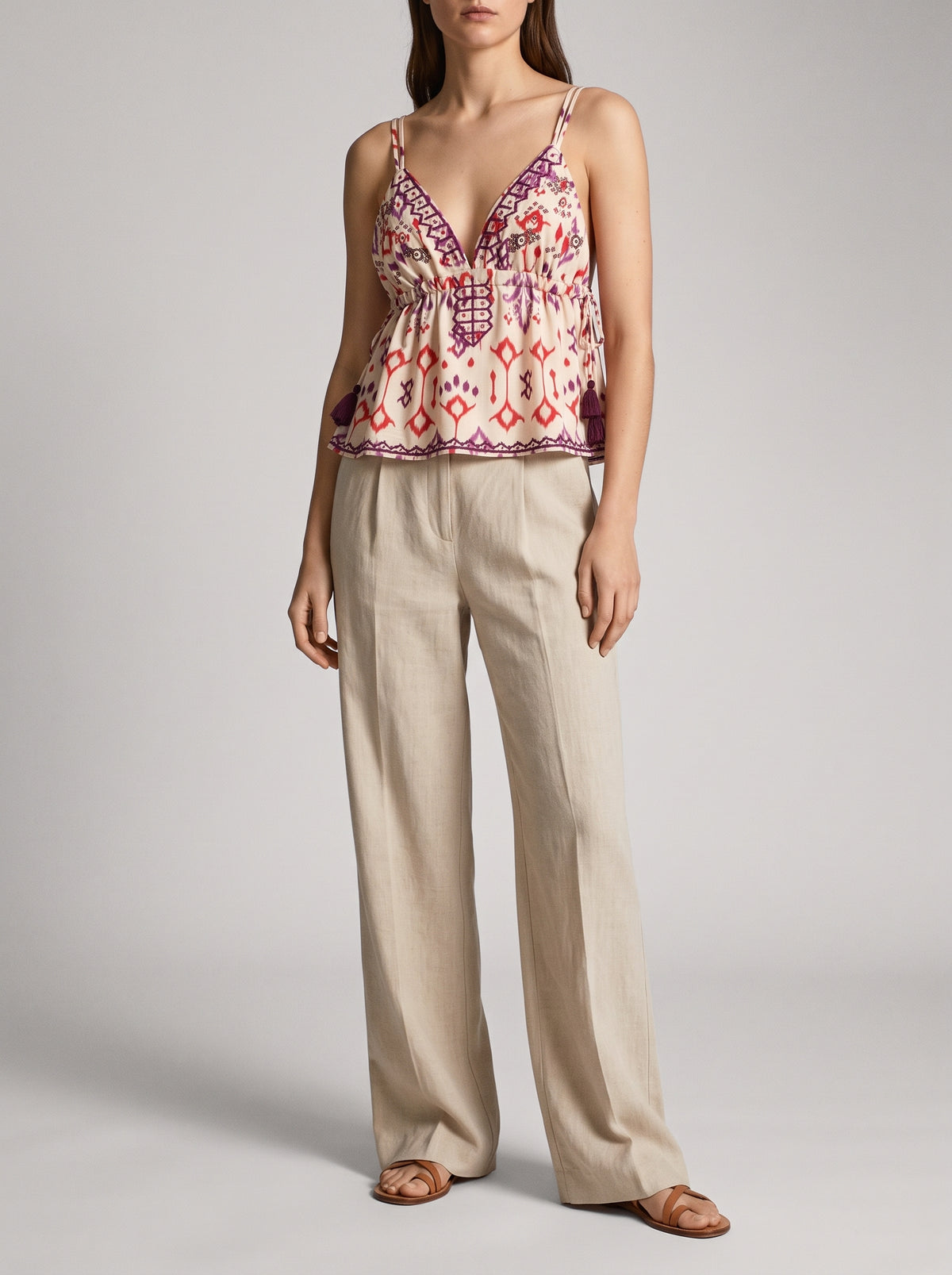 Agrafena Embroidered Boho Camisole with Pom-Pom Ties