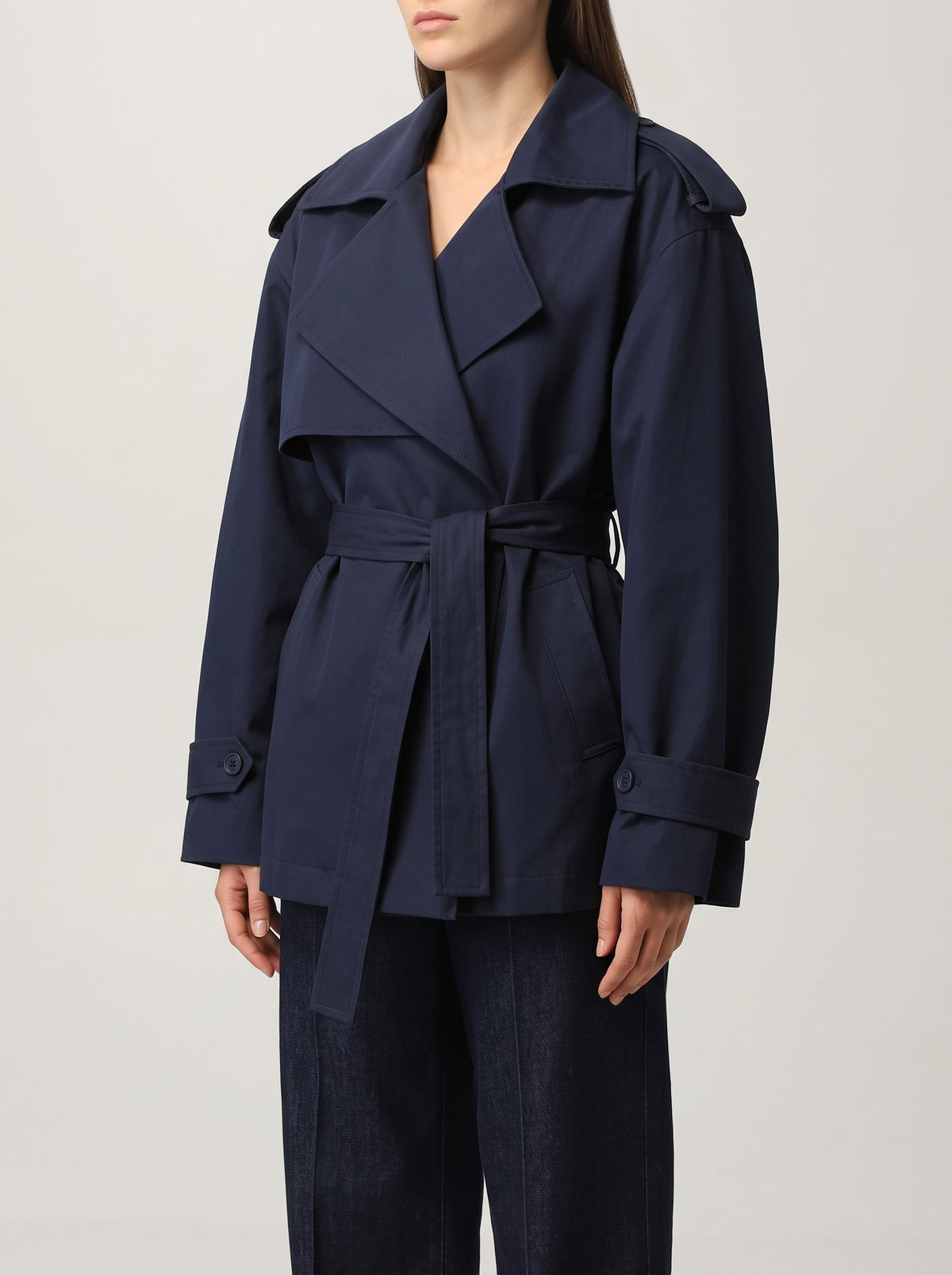 Molly Belted Cropped Trench Coat - Dark Blue