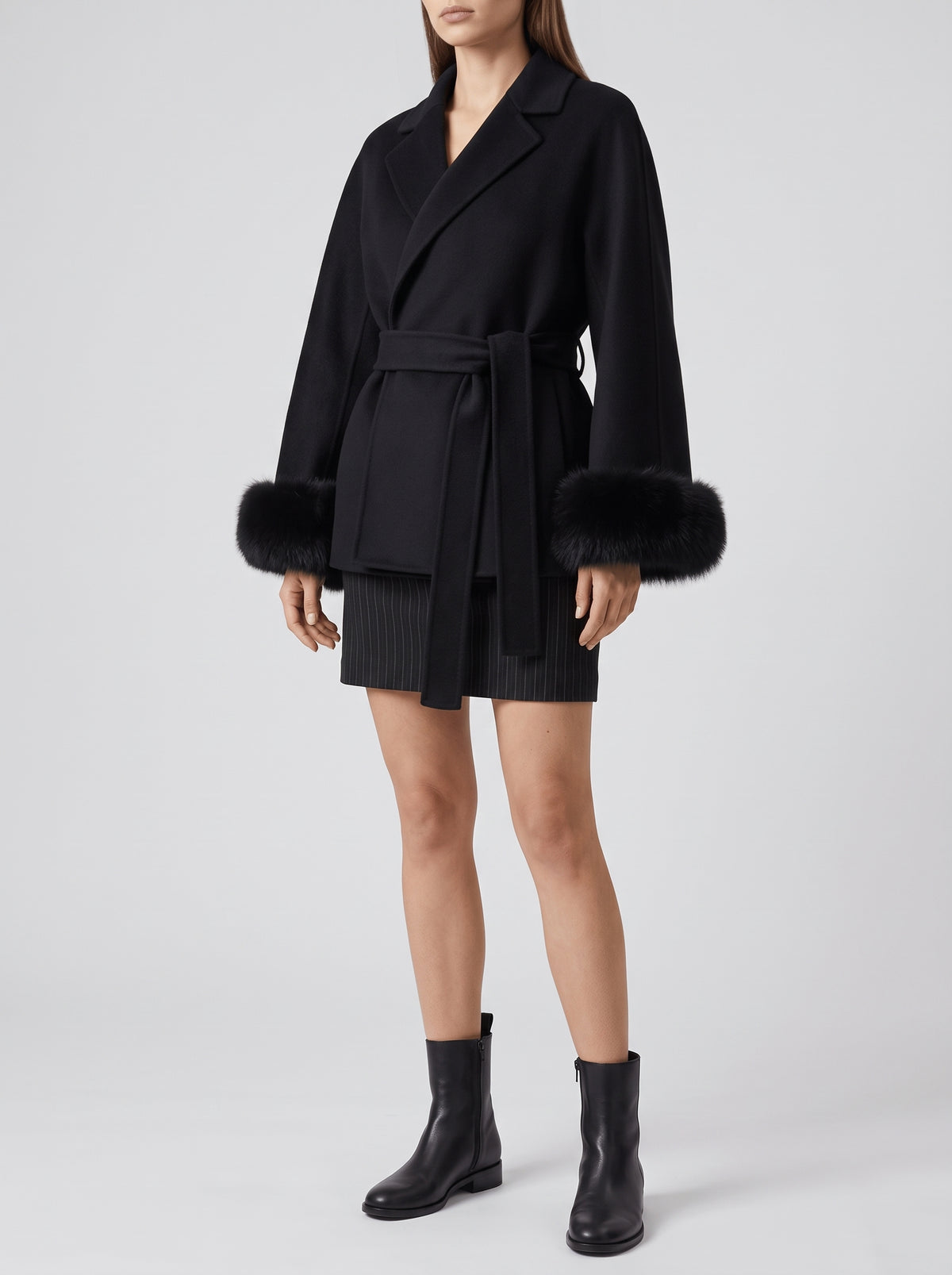 Wool Coat with Fox Fur Cuffs — Black Short