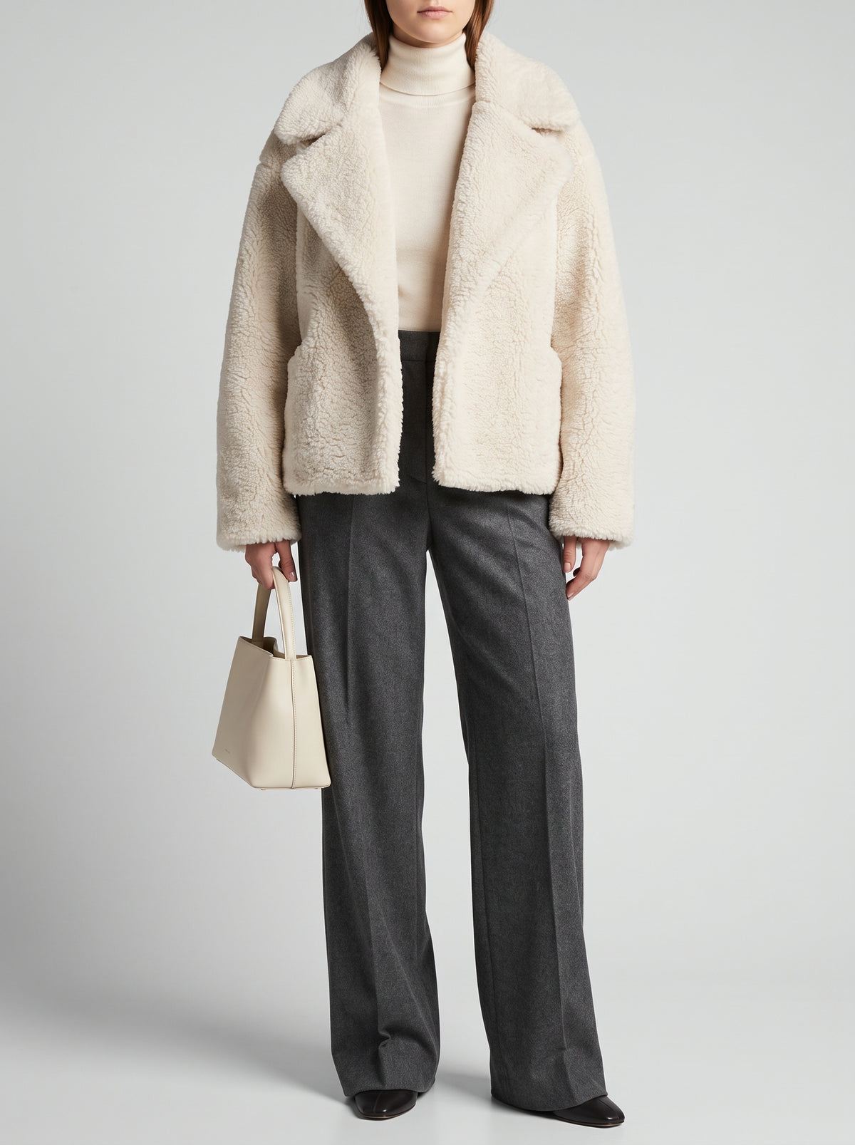Avianna Open-Front Plush Coat — Beige
