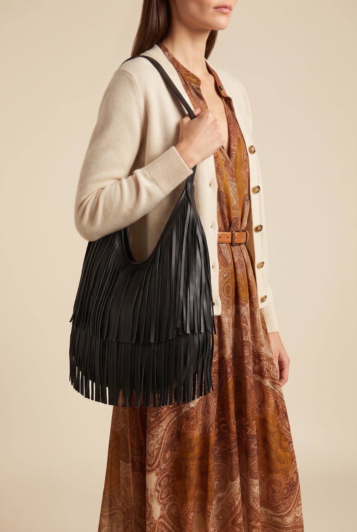 Tatiana Fringed Faux Leather Hobo Bag — On-Model View
