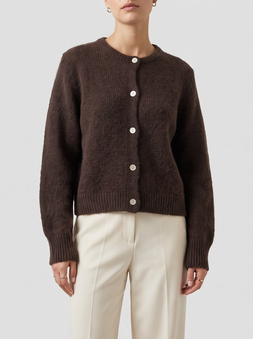 Freya Fuzzy Knit Cardigan — Dark Brown