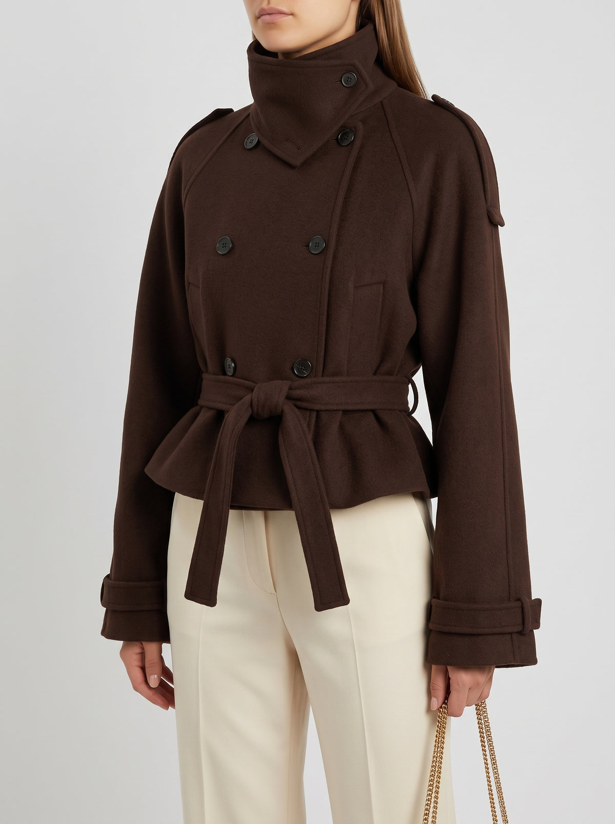 Debbie Cropped Mandarin Collar Trench Coat — Dark Brown