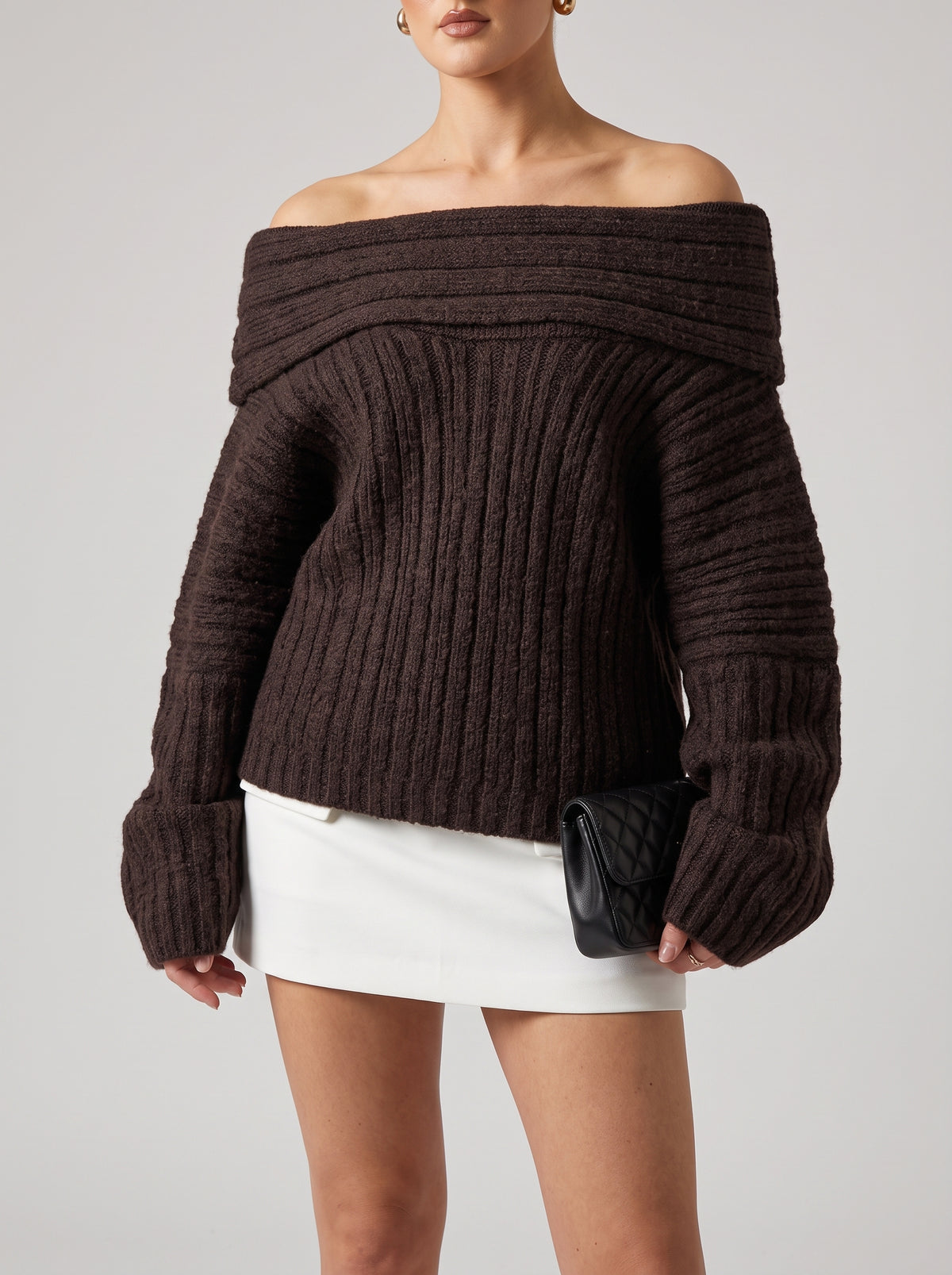 Aelwen Off-The-Shoulder Jumper - Chocolate
