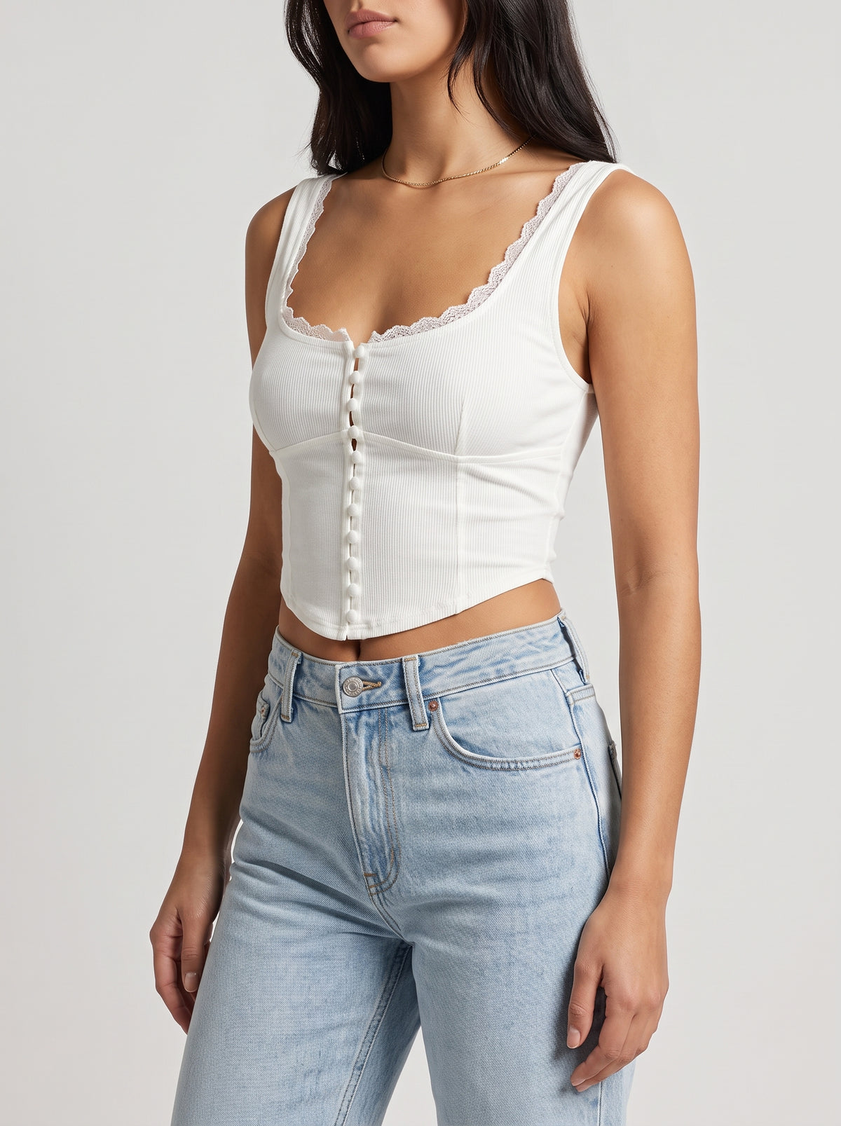 Nadira Strappy Cotton Top with Lace Trim — White