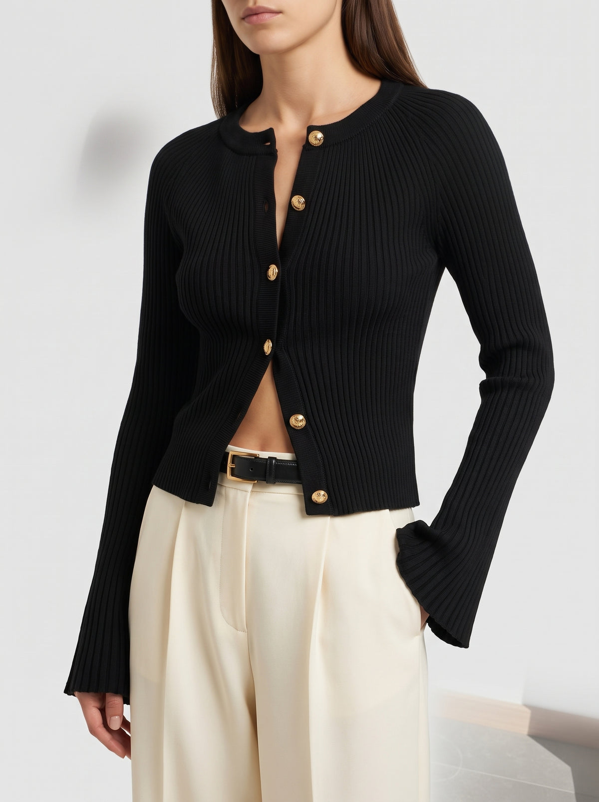Eloisa Long-Sleeve Ribbed Knit Cardigan — Black