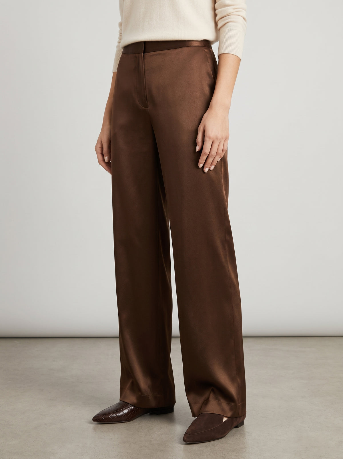 Wendy Satin Wide-Leg Pants — Brown