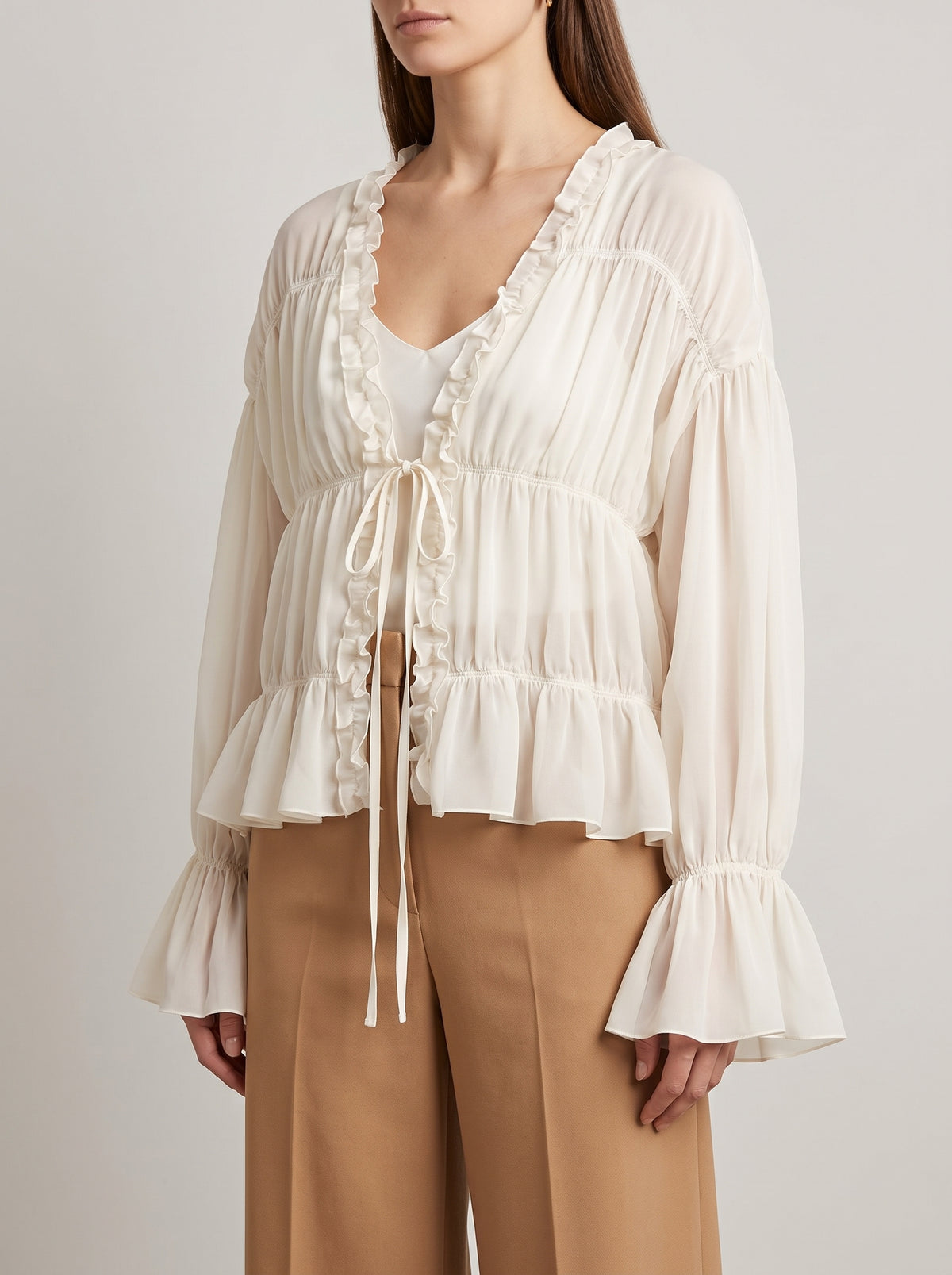 Carmen Ruched Ruffle Bow Blouse — Beige