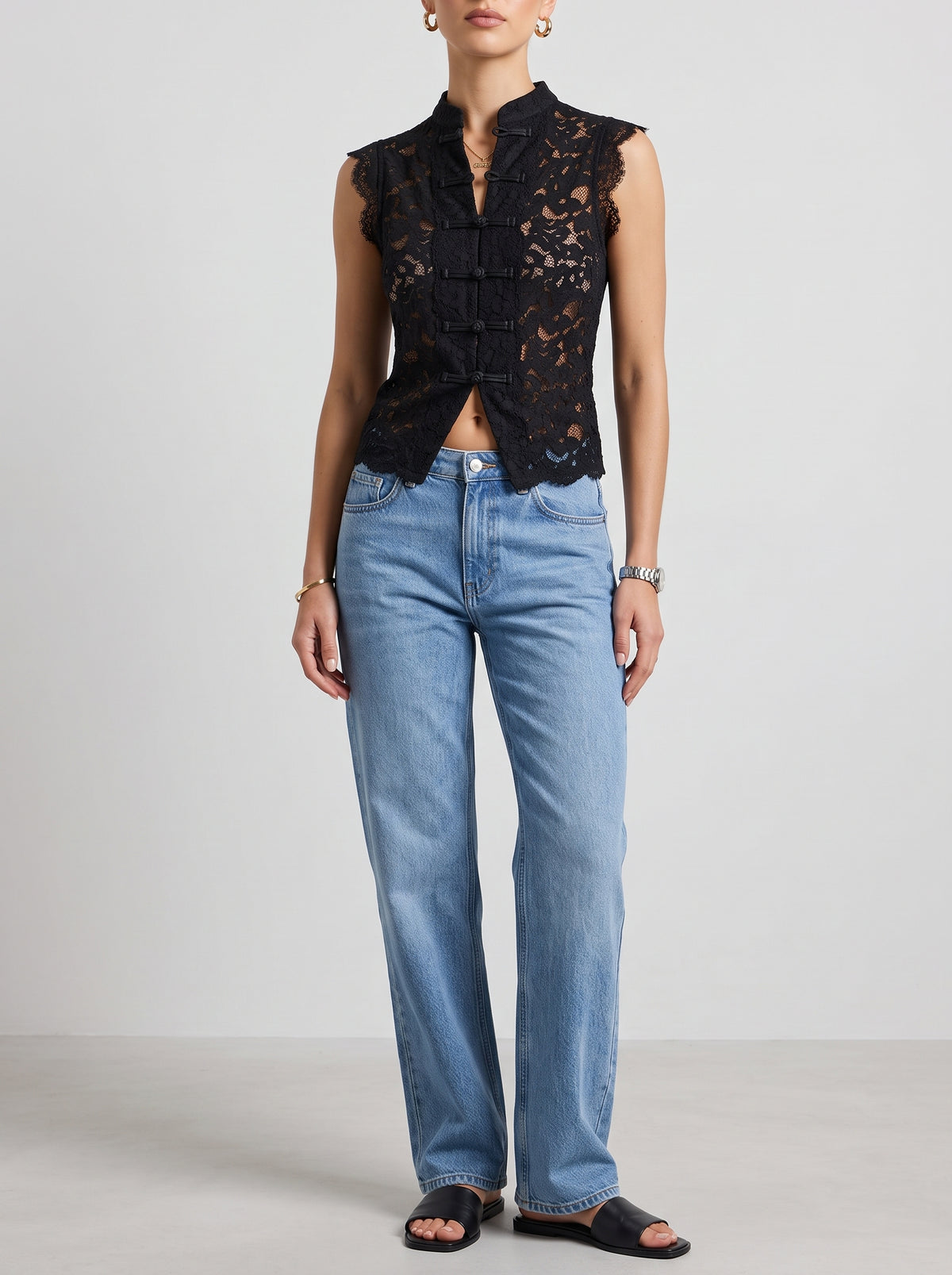 Bianca Mandarin Collar Sleeveless Lace Top - Black
