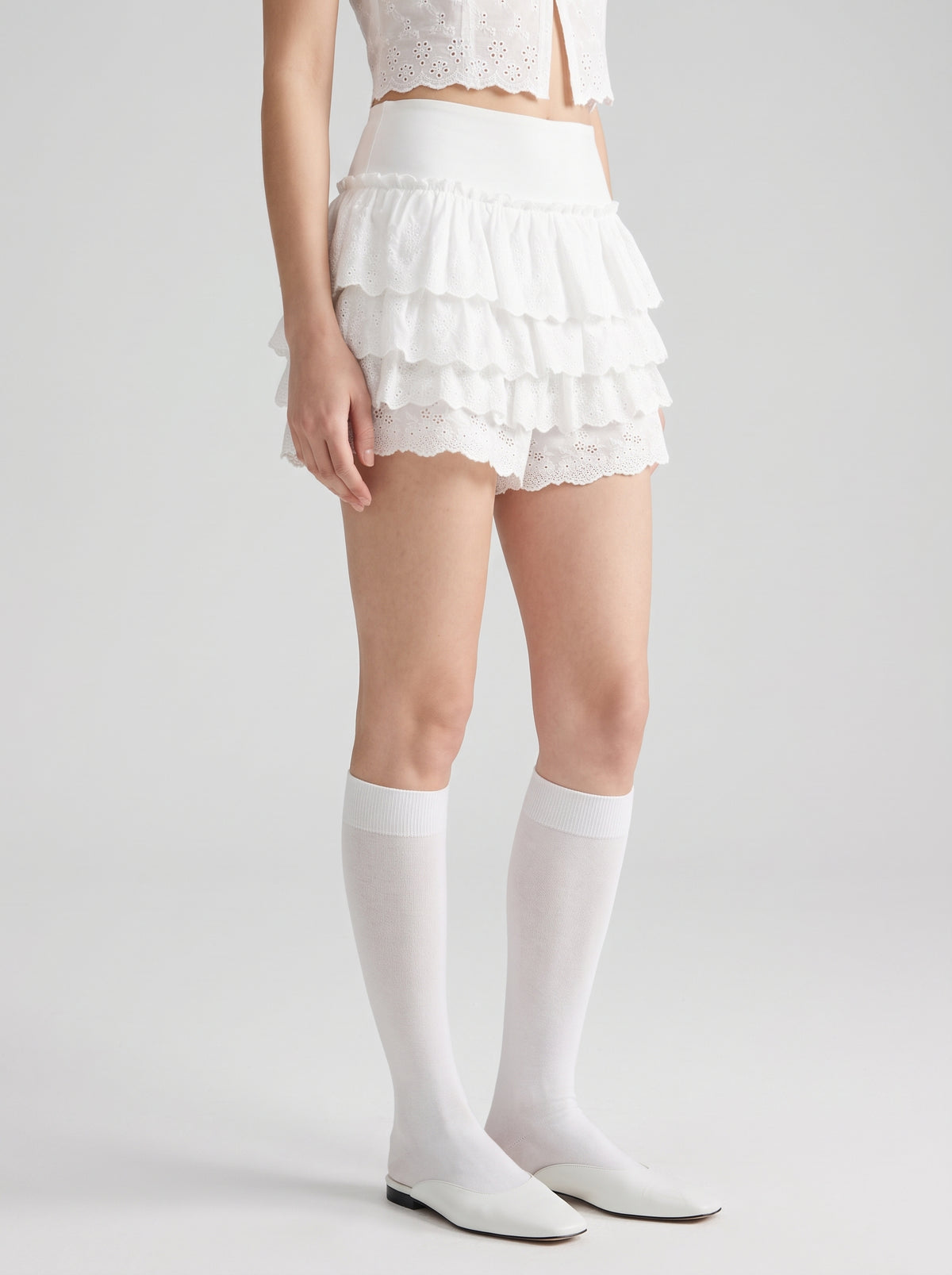 Short Lena en crochet ajouré à volants - Blanc