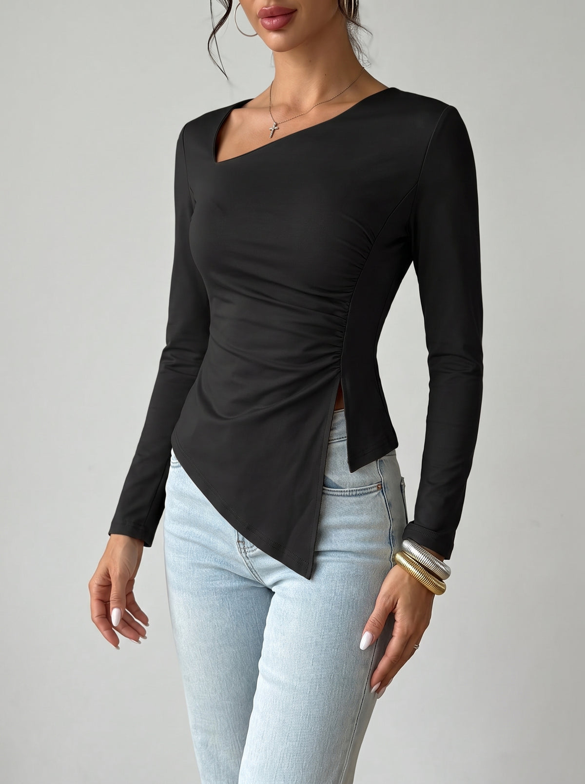 Annie Asymmetric Long Sleeve Top - Black
