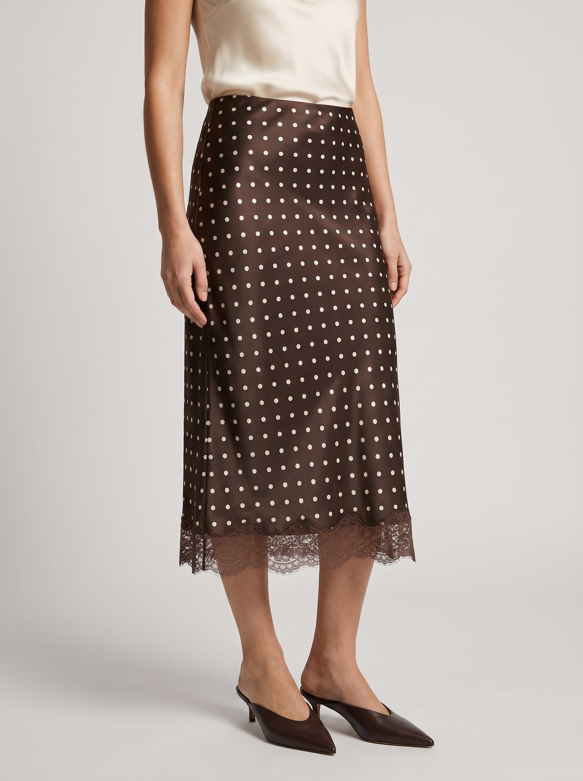 Nicky Retro Polka Dot Lace Midi Skirt — Dark Brown